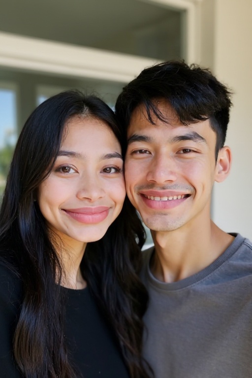 <lora:20250521_AgainMouthSizeF1Lora:3>,This is a photograph of a young couple posing for a selfie indoors. The woman, with long black hair, wears a black top. The man, with short dark hair, is in a shirt. The background is outdoors.