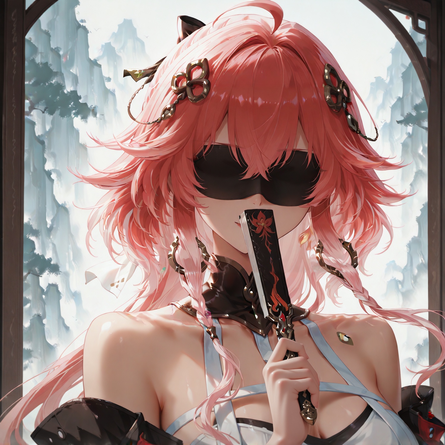 folding_fan,fan,holding fan,holding,holding fan,solo,open folding fan,half-covered face,upper body,<lora:长离长离:1>,changli,1 woman,yujie,long hair,bangs,hair ornament,hair between eyes,yellow eyes,pink hair,ahoge,red hair,