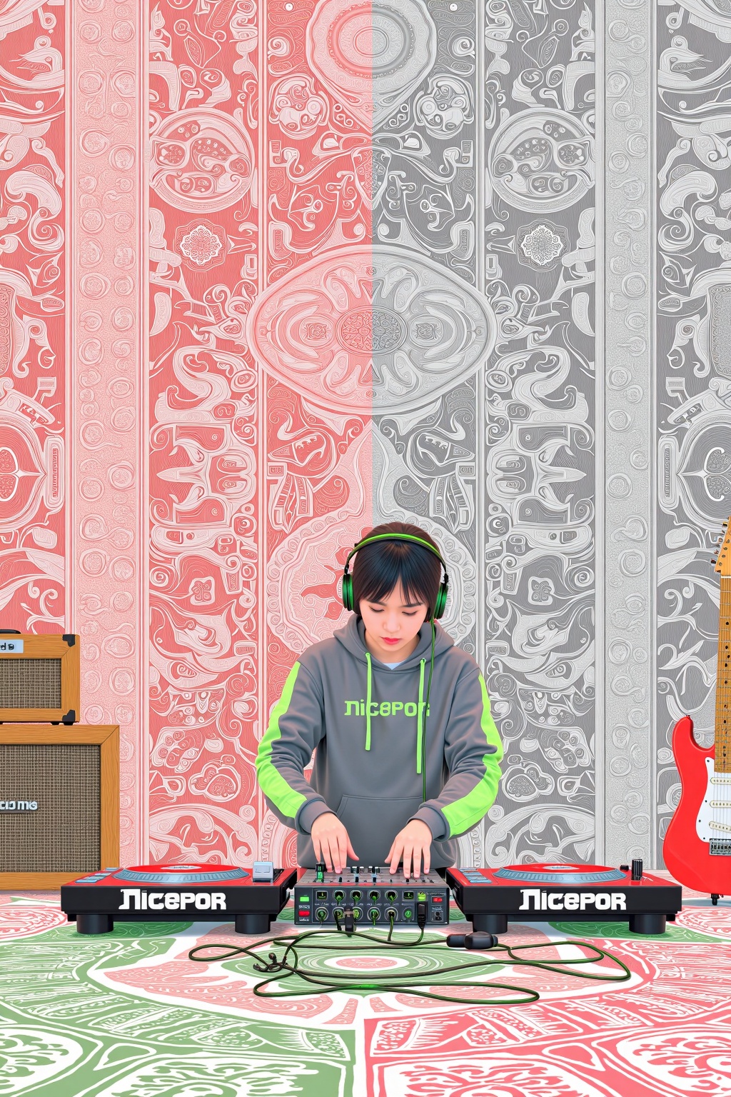 beijihui,The image depicts a person wearing a gray hoodie with green accents and a pair of headphones, standing behind a DJ setup. The individual is manipulating the turntables and mixer, suggesting they are engaged in music production or DJing. The background features a wall with intricate, red and gray patterns, possibly depicting abstract or artistic designs. To the left of the DJ, there is a wooden amplifier with a visible brand name, and to the right, a red electric guitar is placed against the wall. The overall scene has a vibrant and artistic feel, with a focus on music and creativity.