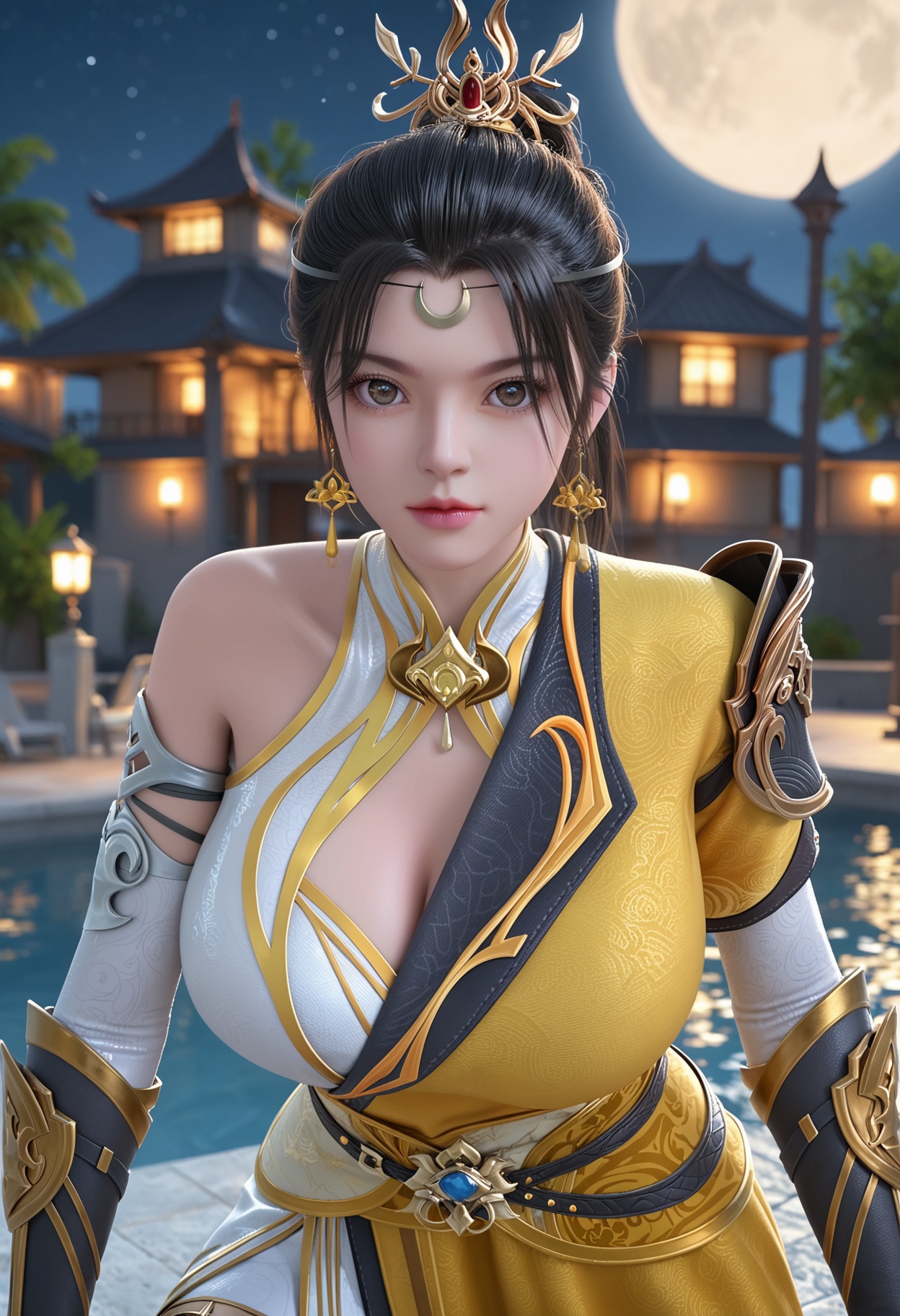 (score_9:1.1),(perfect_anatomy:1.1),upper_body,blurry background,depth of field,(IMG_2019.HEIC),(IMG_2018.CR2),(album_dcim.cr2),(looking_at_viewer:1.1),<lora:YQponyjiqianfanV4-000005:0.8>,q1528437228,solo,1girl,black_hair,hair_ornament,jewelry,earrings,dress,ponytail,long_hair,breasts,chinese_clothes,crescent,forehead_mark,armor,clothing_cutout,facial_mark,boots,brown_hair,realistic,brown_eyes,lips,bare_shoulders,cleavage,cleavage_cutout,knee_boots,asymmetrical_sleeves,yellow_dress,white_dress,hair_bun,detached_sleeves,shoulder_armor,thigh_strap,crescent_earrings,asymmetrical_clothes,gloves,single_hair_bun,elbow_gloves,sash,black_footwear,(huge breasts:1.2),fair_skin,white_skin,shiny_skin,Ivory_skin,perfect_anatomy BREAK perfect_anatomy,(score_9:1.1),night,sky,night sky,full moon,huge planetary background,moon,moonlight,pool,water,cinematic lighting,volumetric lighting,professional lighting,fair_skin,white_skin,shiny_skin,Ivory_skin,perfect_anatomy,