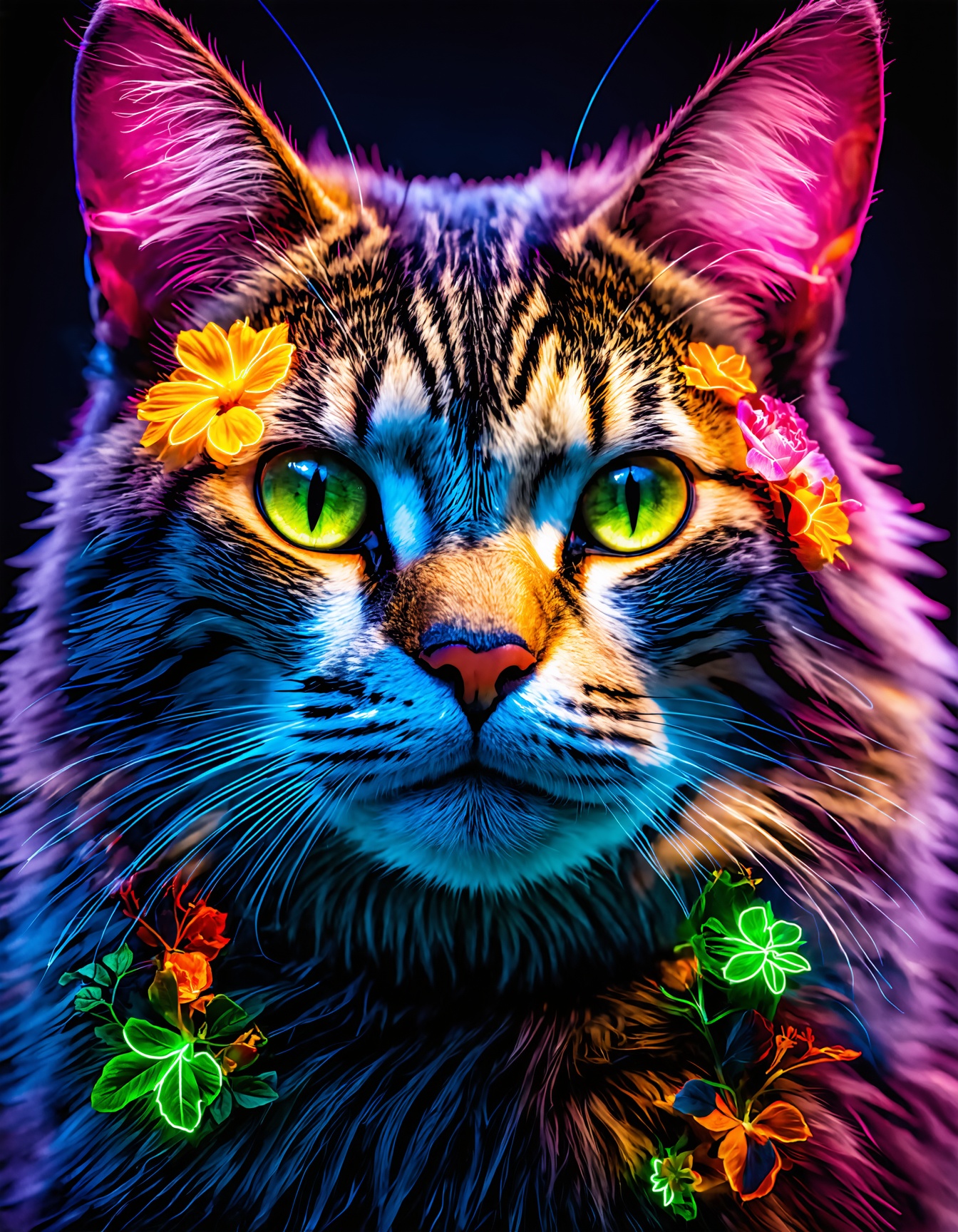 A vibrant and hyper-detailed portrait of a cat's face illuminated with neon light. Its face is adorned with intricate,  gl...