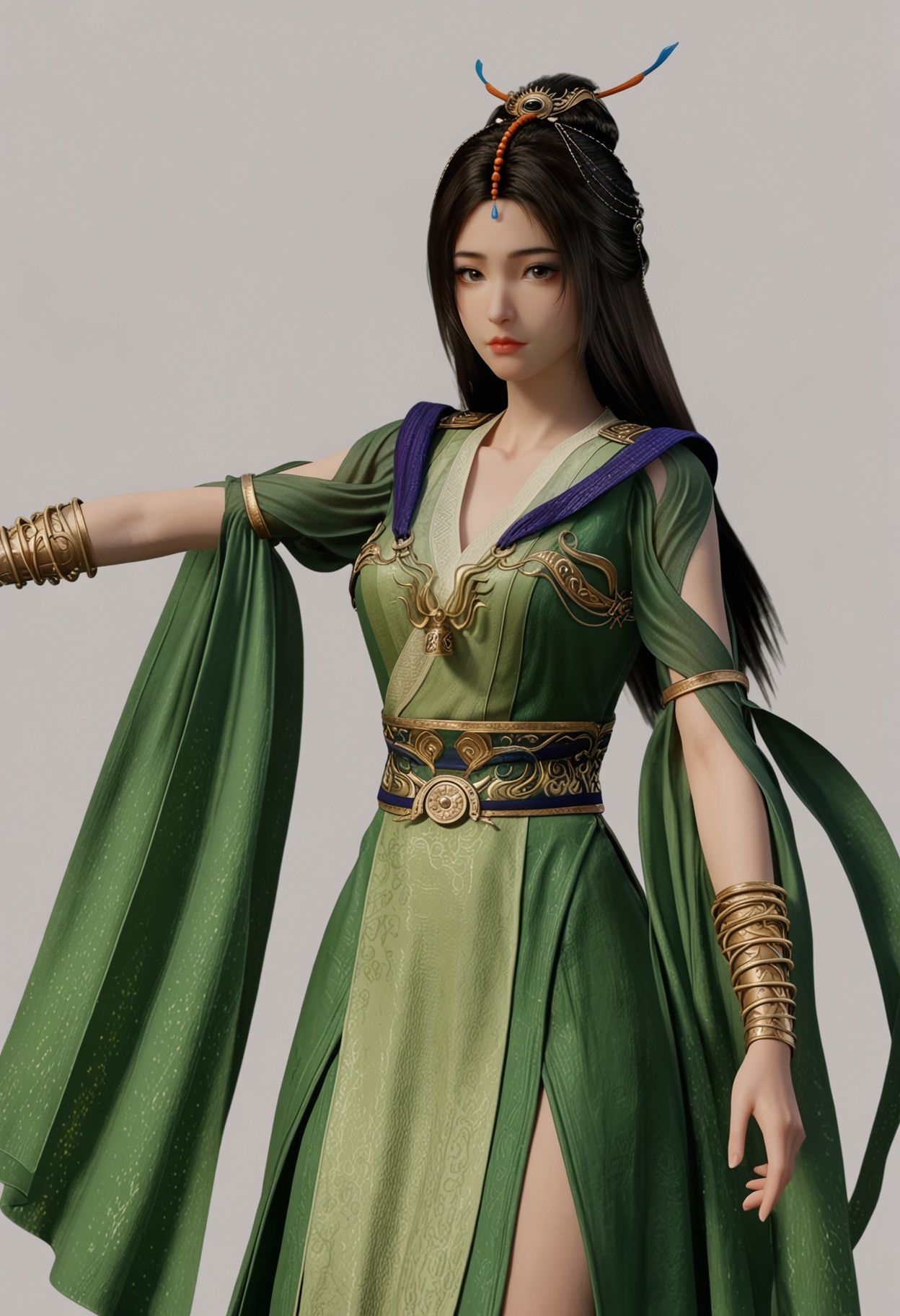 score_9,looking_at_viewer,upper body,(large breasts:0.8),liuyu,1girl,solo,black hair,hair ornament,long hair,green dress,realistic,dress,chinese clothes,closed mouth,jewelry,bracelet,sash,hair bun,brown eyes,clothing cutout,barefoot,(simple background,pure black background,black background:1.1),perfect_anatomy,<lora:QQSponyliuyuV1:0.8>,
