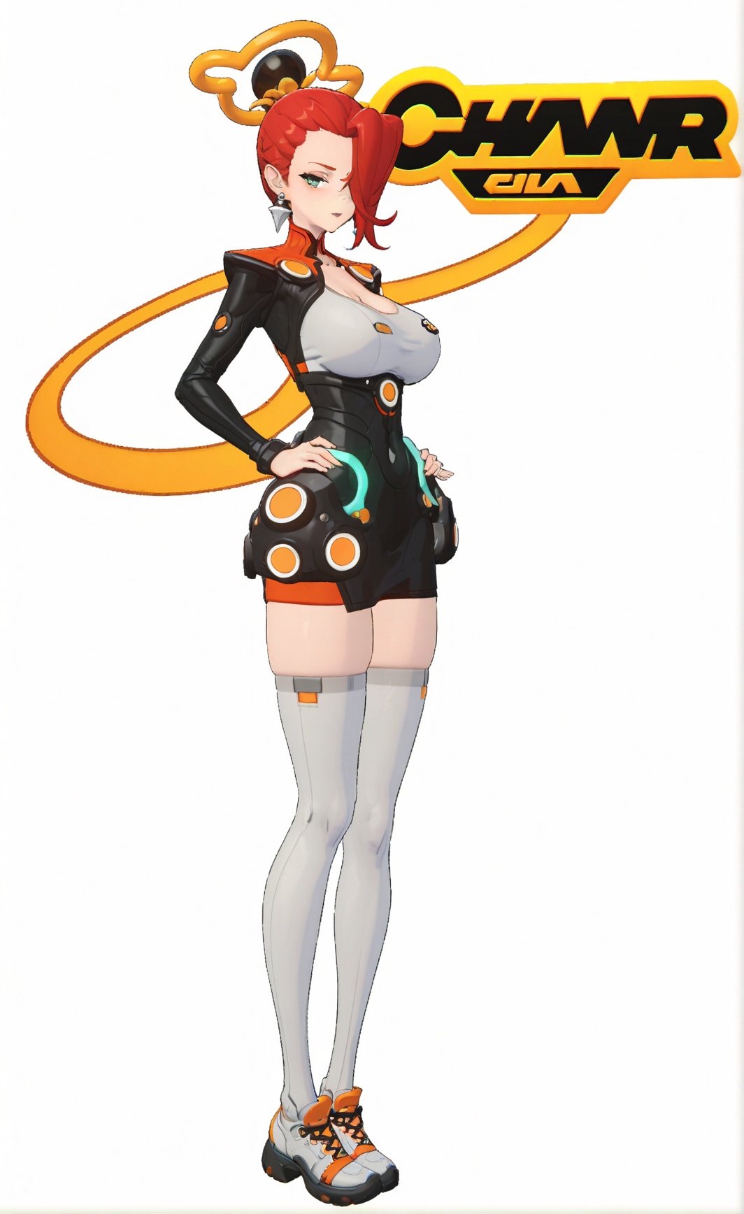 8k, best quality, masterpiece, (ultra-detailed), (high detailed skin), (white background), (full body:1.2), (white background), standing, looking at viewer, (solo:1.2), hands on  hip, <lora:zzzstyle-A3-Tanger-000014:0.8>, bosha, bosha's def clothes, zzz style, red hair, 1girl, cleavage, jacket, white thighhighs, long sleeves, thighhighs, breasts, green eye, earrings, (hair over one eye:1.2),