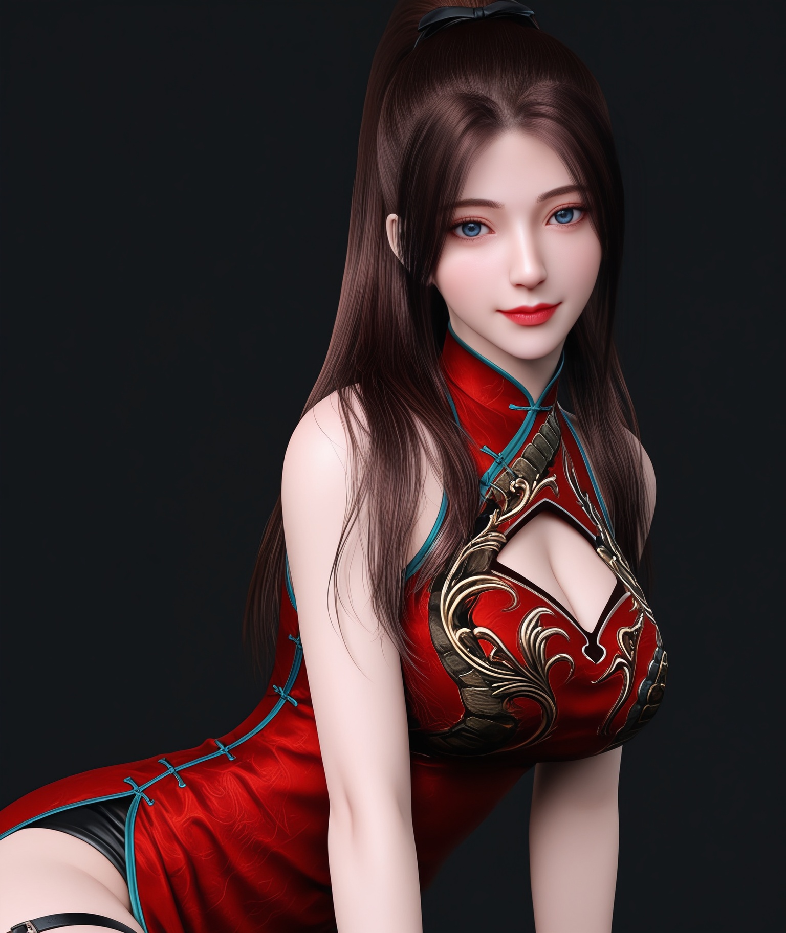 (score_9),masterpiece,best quality,absurdres,highres,upper body,(white_skin),(Ivory_skin),light_skin,BREAK1girl,solo,<lora:唐紫尘-ill-000009:0.82>,htzc,igh ponytail,long hair,brown hair,blue eyes,light smile,(looking at viewer),(front view),light blush,bare shoulders,clothing cutout,cleavage cutout,bracelet,china dress,(red_china dress),thigh strap,short shorts,(large teardrop breasts),(large breasts),BREAK(Cinematic Lighting:1.1),simple background,black background,