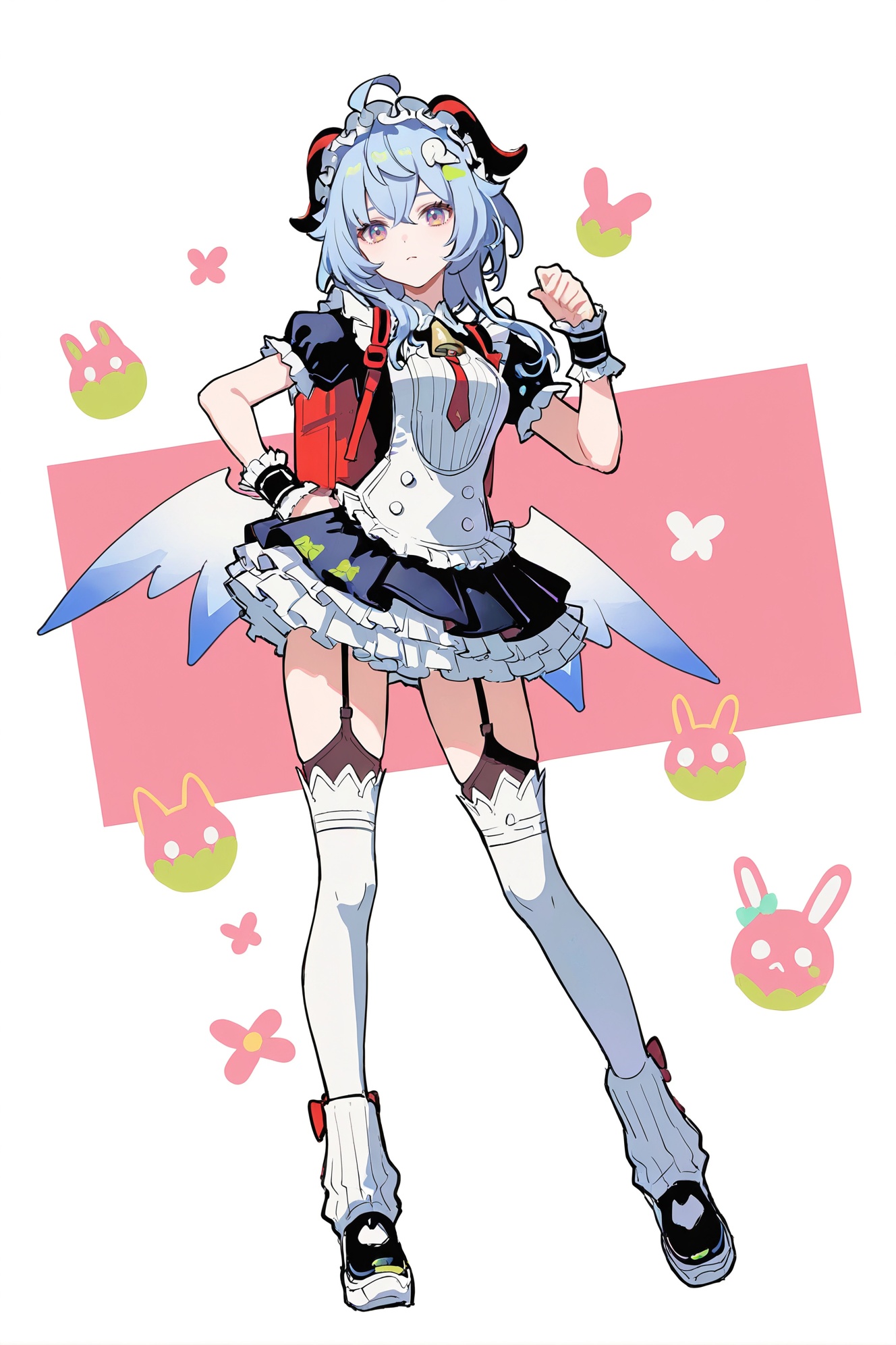 8k,best quality,masterpiece,(ultra-detailed),(high detailed skin),((artist:reoen),(artist:fuzichoco),(artist:atdan),(artist:torino_aqua),year 2024:0.8)1girl,[artist:wlop],[artist:ningen_mame],artist:ciloranko,[[artist:rhasta]],artist:tidsean,colorful,full body,full shot,standing,(solo:1.2),simple background,(white background:1.2),hand on own hip,(white background:1.1),looking at viewer,<lora:Sunna-will-Tanger-000014:0.8>,ganyu \(genshin impact\),clothes: maid balck-and-white short dress,1girl,maidskin hair ornament,thighhighs,animal ears,short sleeves,wings,puffy sleeves,white thighhighs,wrist cuffs,maid headdress,garter straps,red backpack,