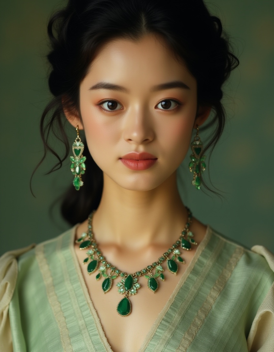 a japanese woman,  she was wearing an emerald necklace and emerald earrings by 危地马拉的大食蚁兽 on Tensor.Art