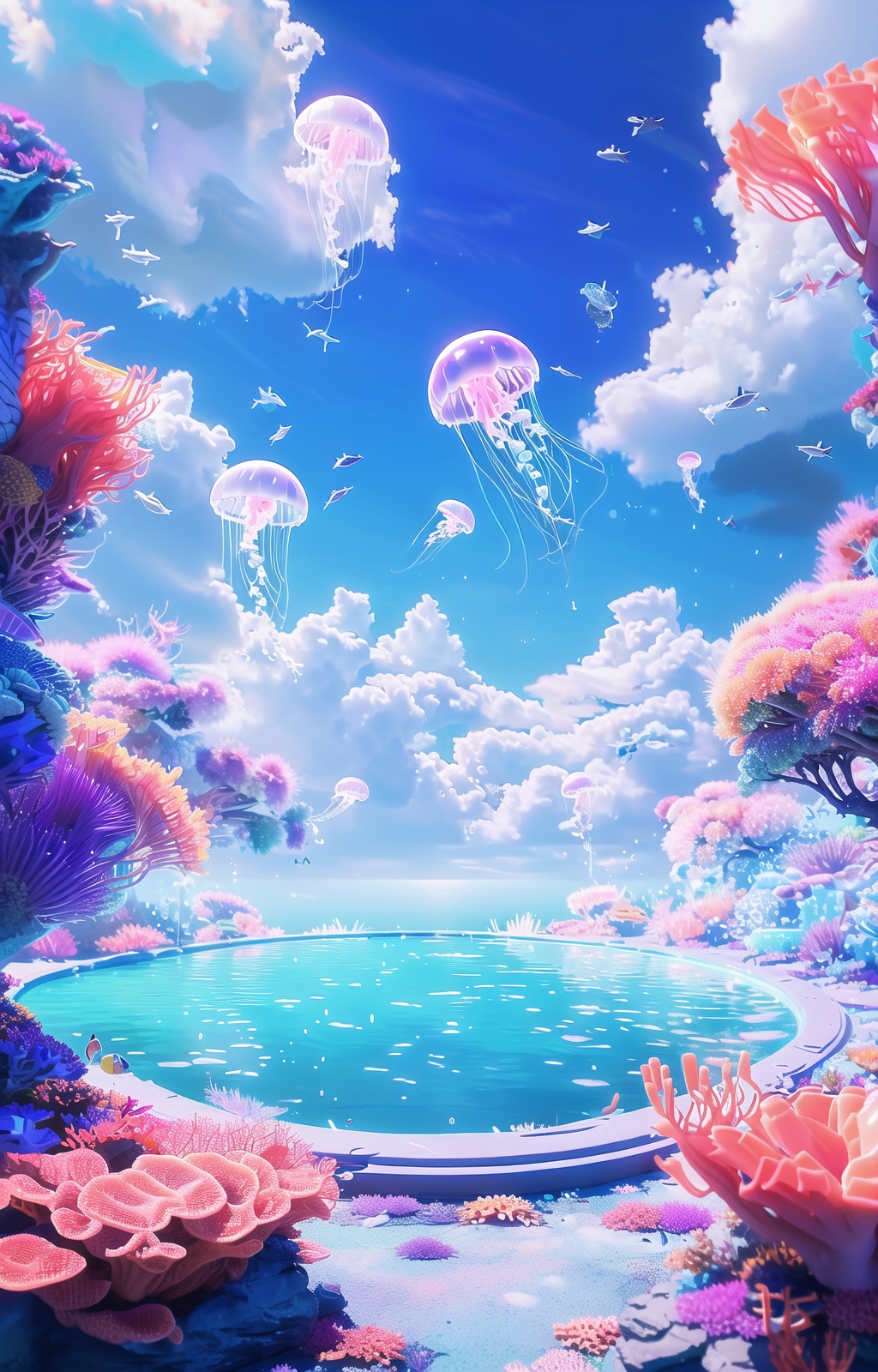 shenhai, jellyfish, cloud, outdoors, coral, day, no humans, blue sky, fish, water, bird, flower, ocean, starry sky, a fantasy world background, a round stage in the center,<lora:shenhai:1>,