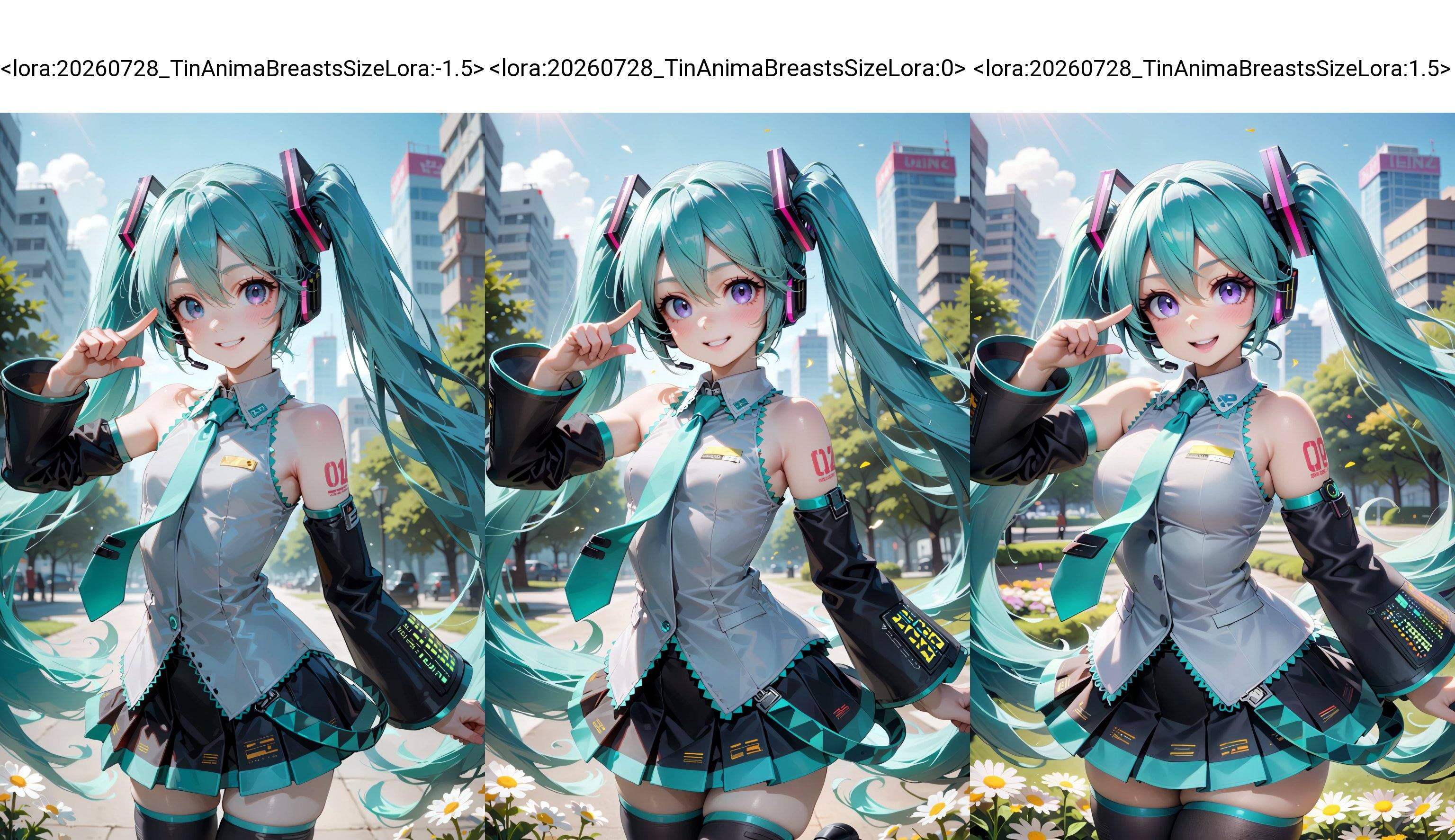 Ultra-detailed anime-style portrait of a cheerful young girl with long teal twin-tail hair tied with glossy magenta hair r...