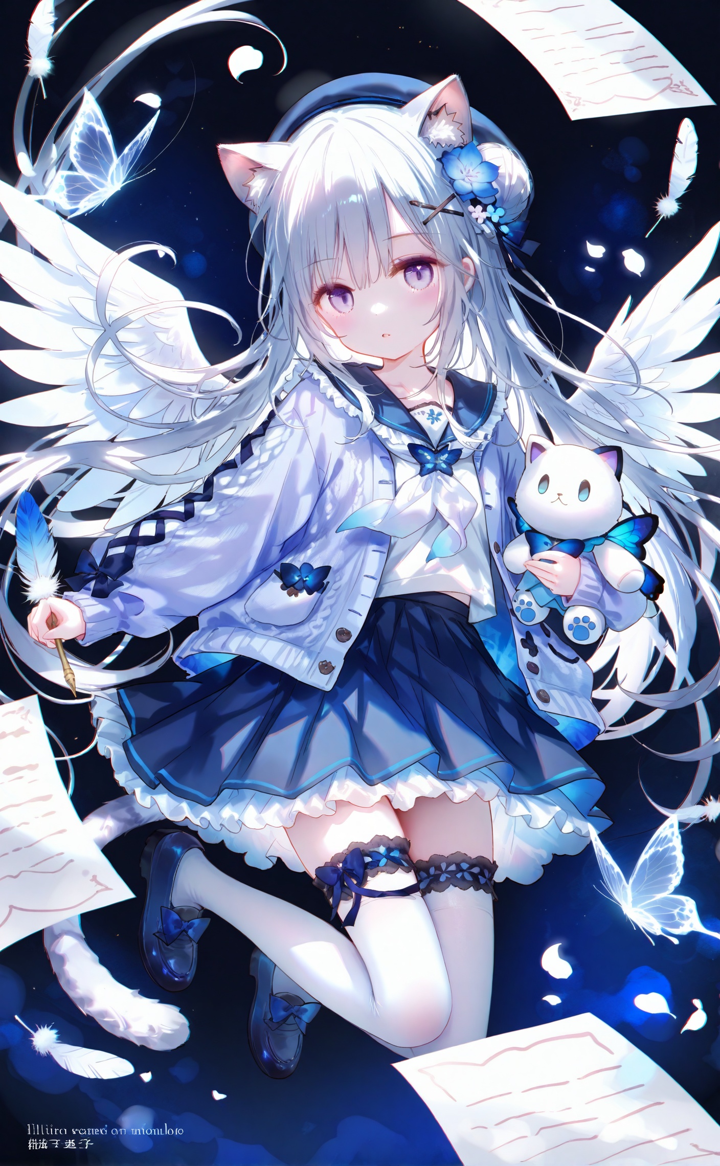 masterpiece,very aware,highres,absurdres,newest,best quality,loli,petite,high quality,chromatic_aberration,cinematic_angle,dutch angle,nyalia,//,artist:ciloranko,artist:ningen_mame,artist:sho_(sho_lwlw),artist:rhasta,artist:wlop,artist:ke-ta,artist:hiten \(hitenkei\),//,1girl,butterfly,thighhighs,bug,animal ears,solo,hair ornament,skirt,long hair,blue skirt,flower,hair flower,hat,sailor collar,wings,blue butterfly,blue eyes,white thighhighs,pleated skirt,blue sailor collar,blue flower,frills,white hair,beret,blue footwear,cat ears,cardigan,blue headwear,paper,angel wings,school uniform,long sleeves,neckerchief,stuffed toy,serafuku,full body,shirt,open cardigan,stuffed animal,frilled thighhighs,looking at viewer,holding,blue theme,very long hair,open clothes,blue cardigan,shoes,blue jacket,hairclip,floating,white shirt,frilled collar,braid,watermark,floating hair,closed mouth,sleeves past wrists,blush,jacket,hair between eyes,purple eyes,tail,grey hair,quill,hair bun,bow,smile,dot mouth,zettai ryouiki,white wings,frilled sailor collar,cat girl,bridal garter,blue neckerchief,holding paper,footwear bow,open jacket,sidelocks,cat tail,artist name,blurry,petals,midair,butterfly hair ornament,sailor collar lift,ribbon,feathers,frilled shirt collar,chromatic aberration,blue bow,long bangs,falling,collar,x hair ornament,blue thighhighs,open mouth,animal ear fluff,miniskirt,puffy long sleeves,purple cardigan,virtual youtuber,heterochromia,hairpin,white flower,absurdly long hair,thigh strap,grey cardigan,wing hair ornament,jumping,:o,parted lips,holding stuffed toy,white neckerchief,english text,blue rose,<lora:カズ-000040:0.8>,