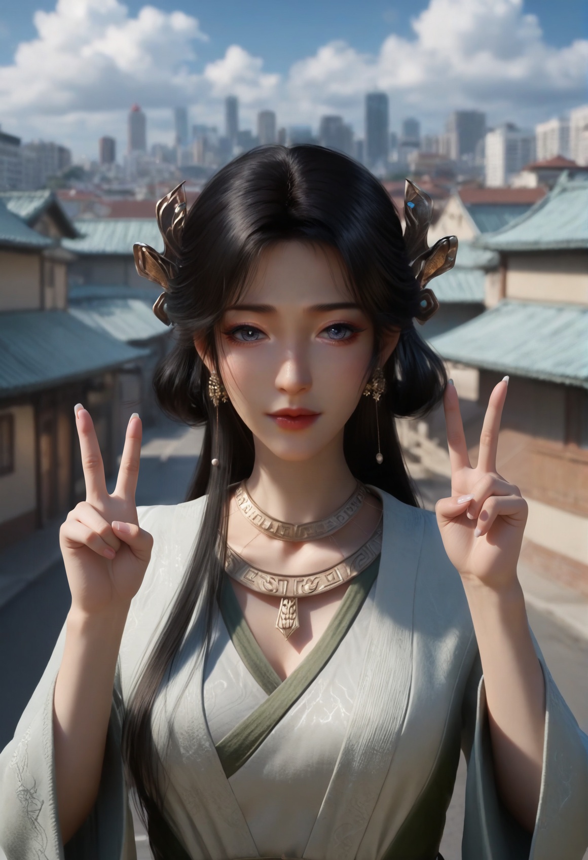 (score_9),<lora:梅凝1-Apony:0.85>,mn,(mature_female:1.1),solo,hair ornament,long hair,black hair,jewelry,earrings,necklace,long long sleeves,robe, <lora:perfect eyes_v1:0.8>,front view,bright pupils,<lora:Expressive_H-000001:0.8>,(double v),upper body,(glamor:1.2),collarbone,pointy breasts,puffy breasts,large breasts,narrow waist,curvy,outdoors,street,blue sky,blur background,building,city,cloud,cloudy sky,day,depth of field,(white_skin:1.1),(fair_skin:1.1),