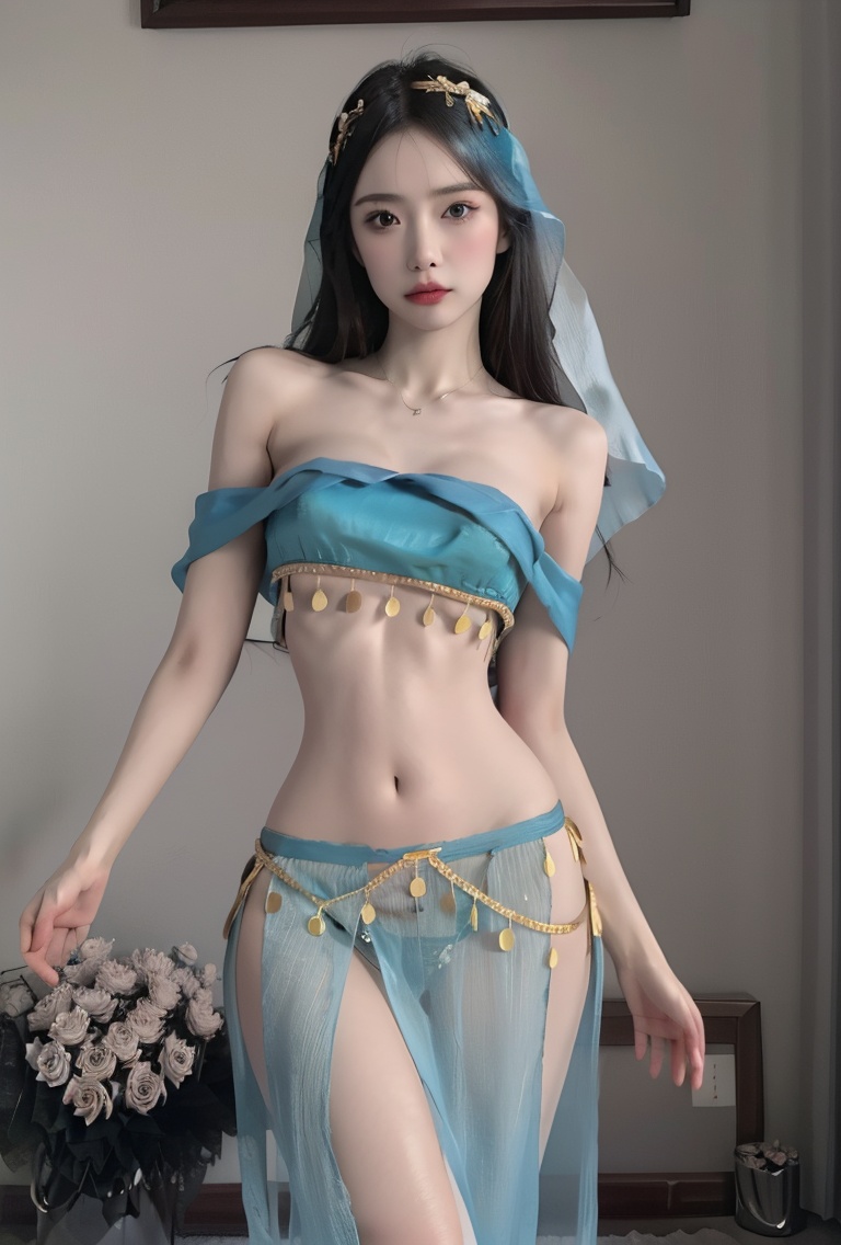 (masterpiece, best quality:1.4),finely detailed,1girl,solo,pale skin,perfect body,standing,(medium breasts:1.2),<lora:killer性感西域舞姬透视古风制服v1.0-000008:0.8>,dress,harem outfit,see-through,underwear,veil,(cowboy_shot:1.2),