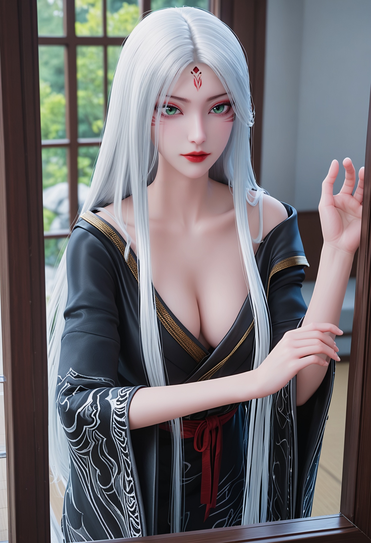 perfect_anatomy,score_9,(full_body:1.2),fair_skin,white_skin,shiny_skin,shiny,Ivory_skin,looking at viewer,solo focus,indoor,(transparent glass window:1.1),perfect_anatomy BREAK perfect_anatomy,score_9,<lora:YQ_pony_xiaobai_nanzhufuzhuang_V5:0.8>,q1528437228,1girl,solo,long hair,white hair,facial mark,red lips,forehead mark,green eyes,makeup,japanese clothes,off shoulder,grey eyes,kimono,long sleeves,wide sleeves,collarbone,bare shoulders,bangs,sash,straight hair,very long hair,breasts,lipstick,robe,parted bangs,cleavage,dress,black dress,black kimono,