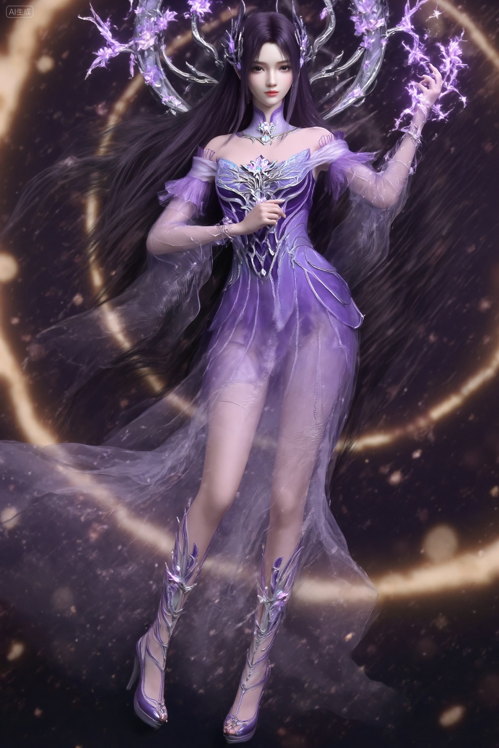 A digital artwork of a beautiful,ethereal woman with long,dark hair and pale skin,wearing a flowing,purple,semi-transparent dress adorned with intricate floral patterns and glowing purple accents. She holds glowing purple flowers in her hands,set against a dark,swirling background. a woman's legs in elegant,sheer purple stockings adorned with intricate floral patterns and silver accents,paired with matching high-heeled shoes. The background is a blurred,warm-toned,abstract setting,enhancing the focus on the delicate,stylish footwear.,, best quality,astonishing quality,ultimate aesthetics,absurd,best quality,ultimate aesthetics,masterpiece,emotional masterpiece,extraordinary above all,mastery of details,, Negative prompt: ng_deepnegative_v1_75t,(badhandv4:1.2),EasyNegative,(worst quality:2),,nsfw, Steps: 30, Sampler: DPM++ 2M, CFG scale: 3.5, Seed: 1718701589, Size: 1024x1536, Model hash: 062dad72b2, Model: 麦橘超然majicFlus_v1.safetensors, Denoising strength: 0, RNG: CPU, Lora 1: MAJICFLUS_麦橘光影约拍, Lora Hash 1: 158a204aee, Lora Weight 1: 0.7, Lora 2: 极致逼真美感模型, Lora Hash 2: 3ef31b4d84, Lora Weight 2: 1.05, vae_name: automatic