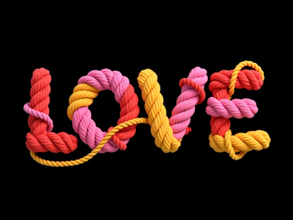 IPBD,This is a digital artwork featuring the word "LOVE" intricately woven from vibrant,colorful ropes in red,pink,and yellow. The ropes are tightly braided,creating a textured,three-dimensional effect against a solid black background. The style is modern and abstract,emphasizing the word's meaning through creative,tactile representation.,