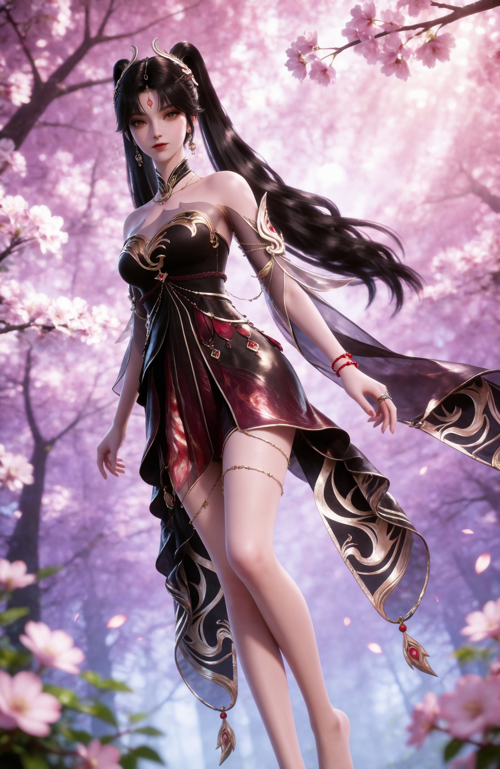 <lora:修罗武神-蛋蛋IL:0.8> 1girl, black hair, long hair, hair ornament, forehead mark, earrings, red eyes, twintails, bare shoulders, black dress, detached sleeves, bracelet,bare legs, barefoot,, 1girl, solo, tree, branch, sunlight, outdoors, looking at viewer, blurry,  standing, blurry foreground,sun light,Tyndall,cherry blossom,