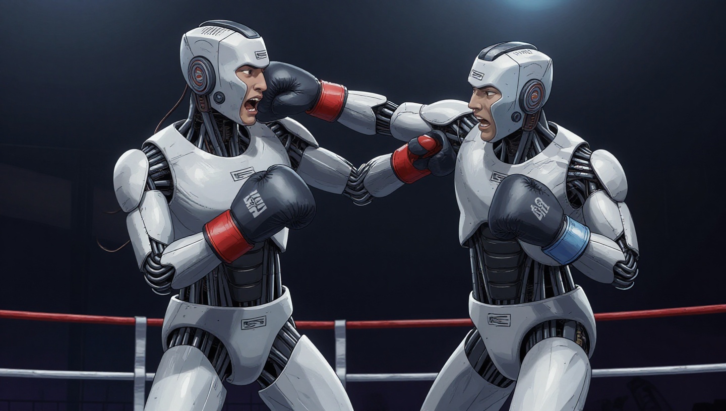 Robot boxer delivering uppercut in underground arena on Tensor.Art