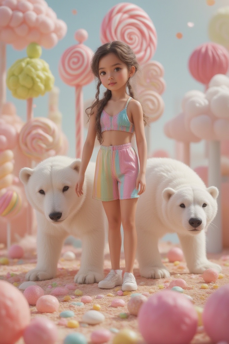 Vibrant candy world,  a warm-skinned Latina girl with curly brown hair and colorful outfit,  stands amidst swirling lollip...