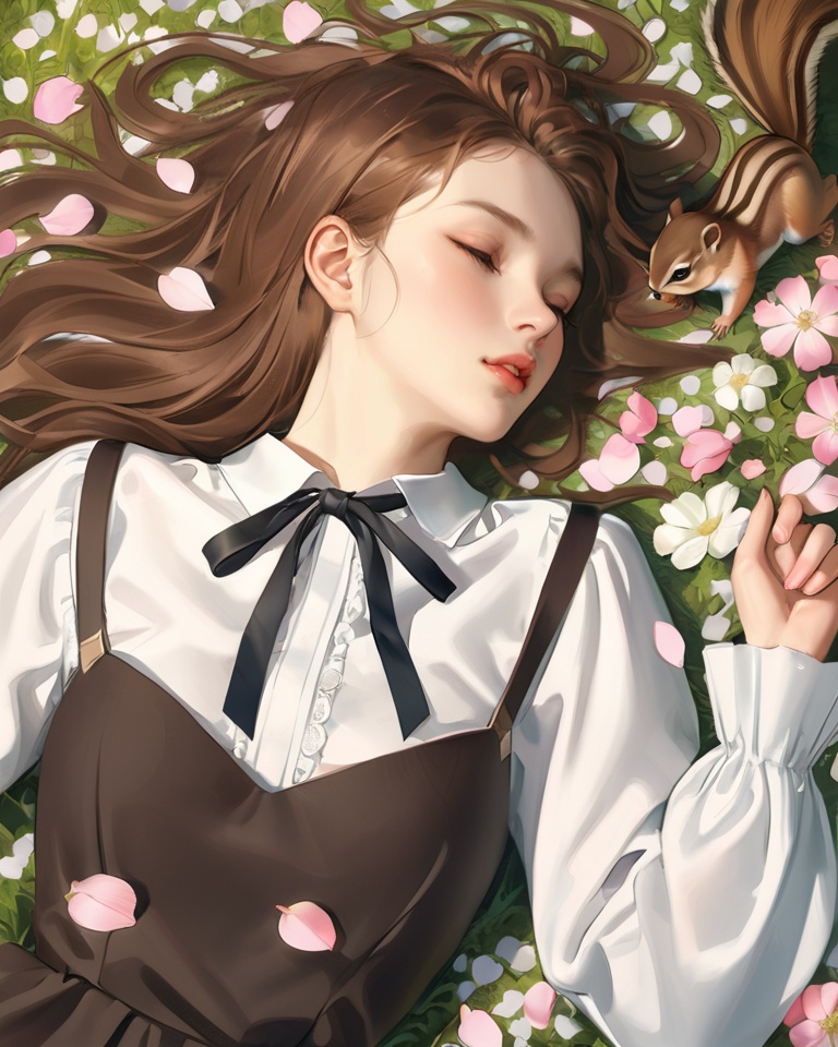 (best quality), ((masterpiece)), (highres), illustration, original, extremely detailed,   <lora:ACG ART3_XL:0.7>1girl, lying, on back, solo, brown hair, long hair, closed eyes, parted lips, shirt, white shirt, ribbon, neck ribbon, lips, long sleeves, animal, dress, black ribbon, flower, squirrel, realistic, upper body, petals