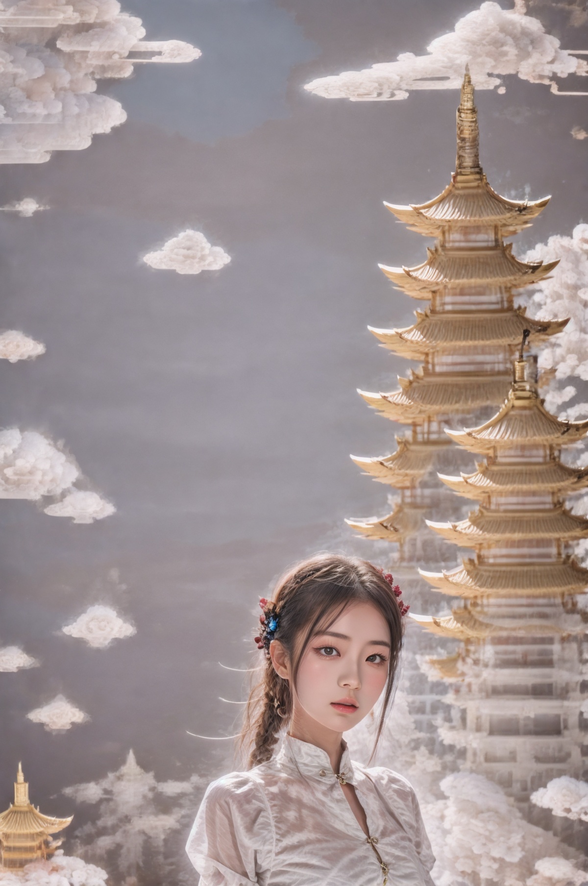 1 girl,pagoda,cloud,