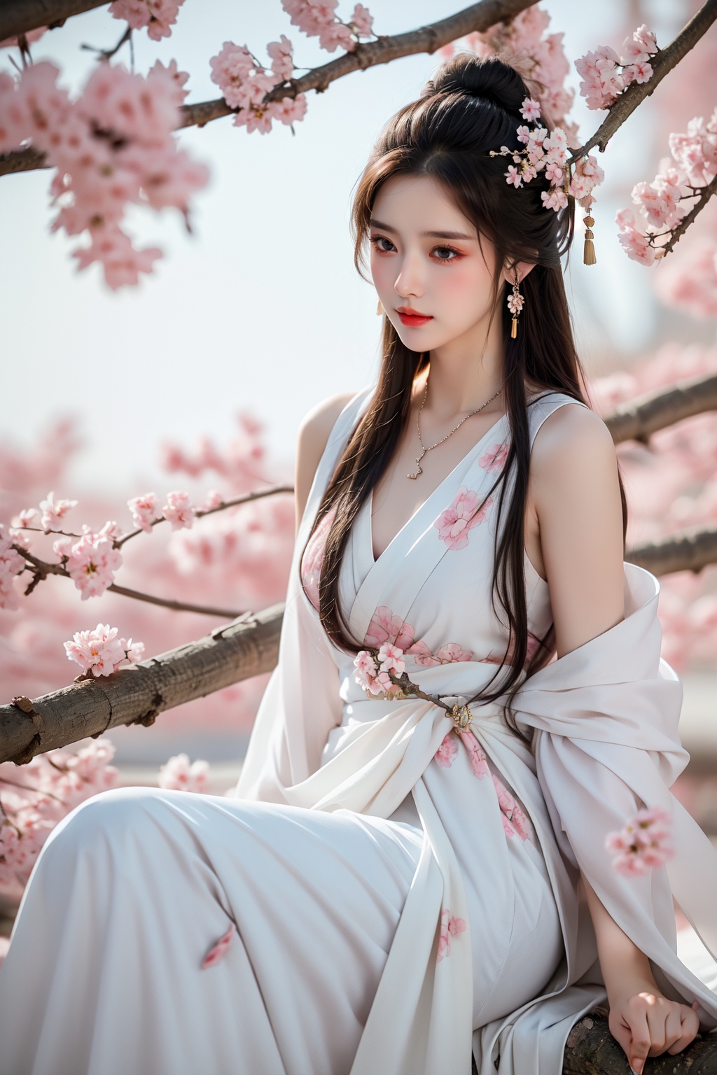 <lora:DT JL_20231017225505-000003:0.3>,1girl,jewelry,hair ornament,flower,solo,bracelet,dress,falling petals,long hair,sitting,earrings,petals,branch,chinese clothes,brown hair,hanfu,black hair,cherry blossoms,necklace,white dress,beads,