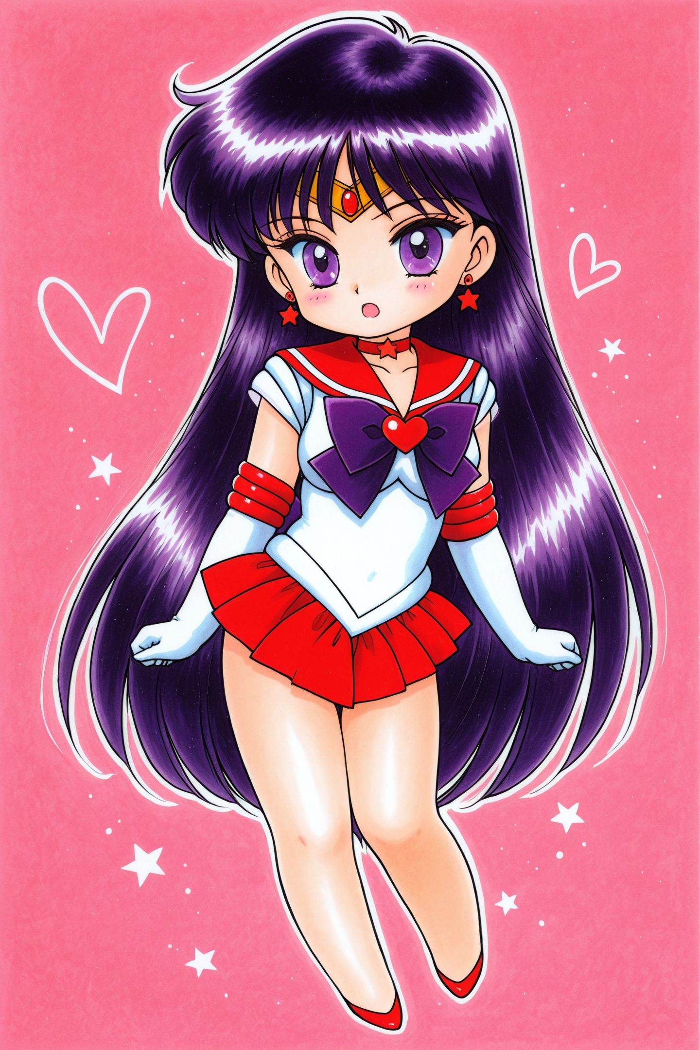 Juu Kuroinu Style,1girl,sailor mars,sailor senshi uniform,solo,hino rei,long hair,magical girl,gloves,skirt,jewelry,red skirt,red sailor collar,earrings,white gloves,purple eyes,traditional media,bow,elbow gloves,tiara,sailor collar,purple hair,heart,full body,bare legs,purple bow,pleated skirt,open mouth,star \(symbol\),very long hair,brooch,choker,chibi,<lora:black dog chibi_illustriousXL:1>,