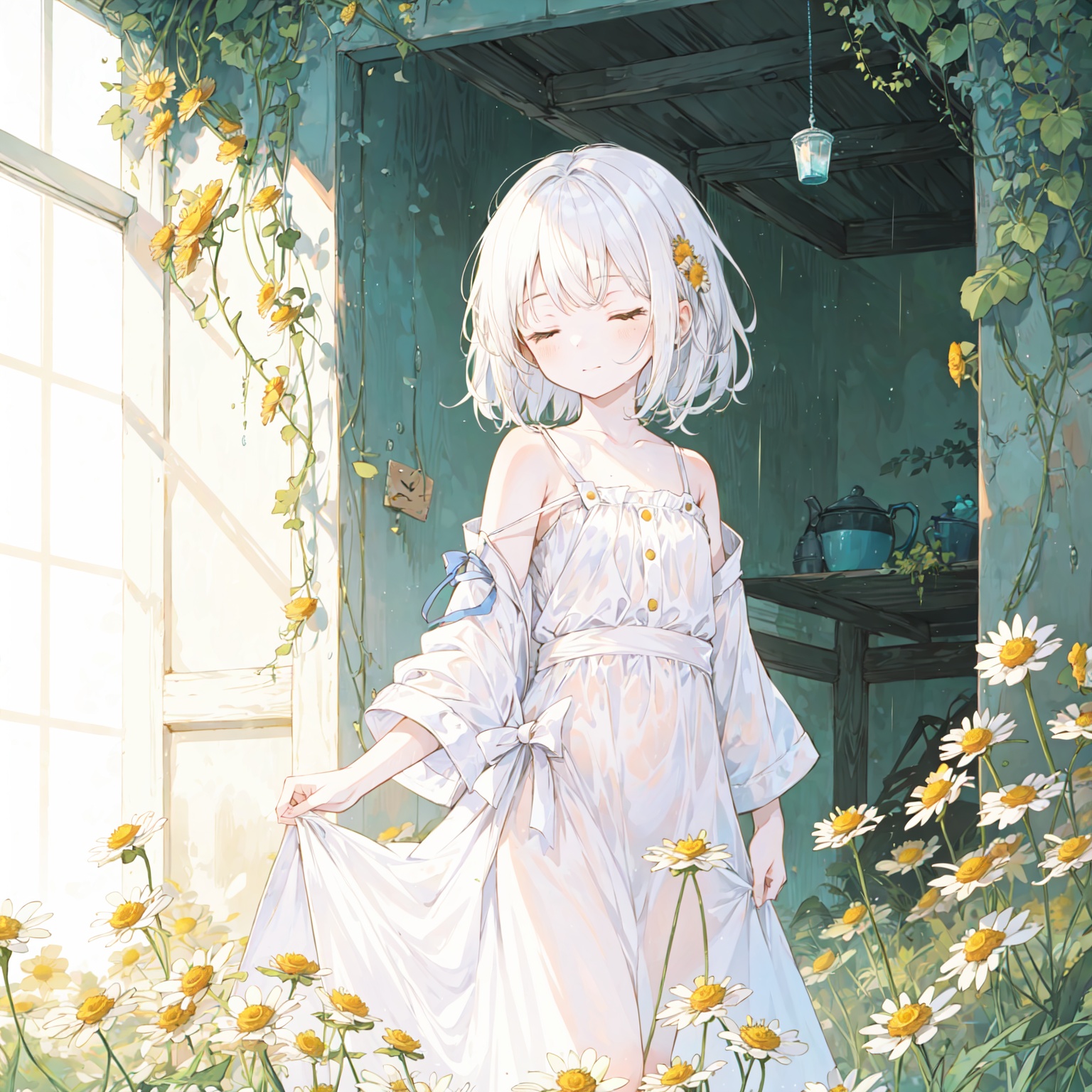 yellow theme,the setting sun,(((Chamomile))),Chamomile,cornflower,vines,forest,ruins,lens flare,hdr,Tyndall effect,damp,wet,1girl,bare shoulders,broken glass,broken wall,white hair,white dress,closed mouth,constel lation,flat color,braid,blinking,white robe,float,closed mouth,constel lation,flat color,looking up,standing,medium hair,standing,solo,
