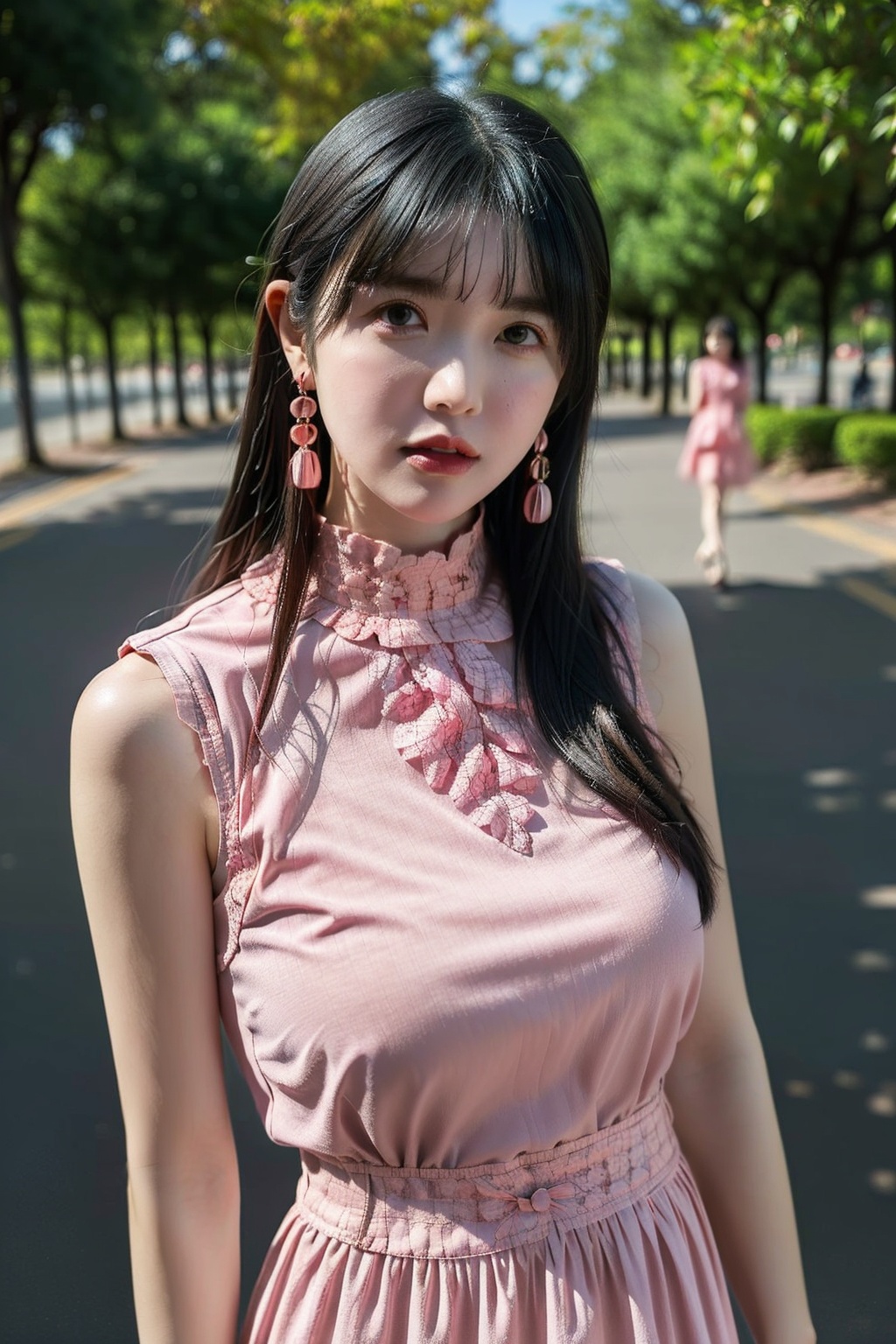 best quality,masterpiece,realistic,HDR,UHD,8K,Highly detailed,8k, 1girl, (huge breasts), day, bright, outdoor, (street:0.8), (people, crowds:1), (lace-trimmed dress:1.5, pink clothes:1.5, pink high-neck dress:1.5, sleeveless dress, pink dress: 1.5), gorgeous, (medium hair), beautiful detailed sky, beautiful earrings, (dynamic pose:0.8), (upper body:1.2), soft lighting, wind, shiny skin, looking at viewer,