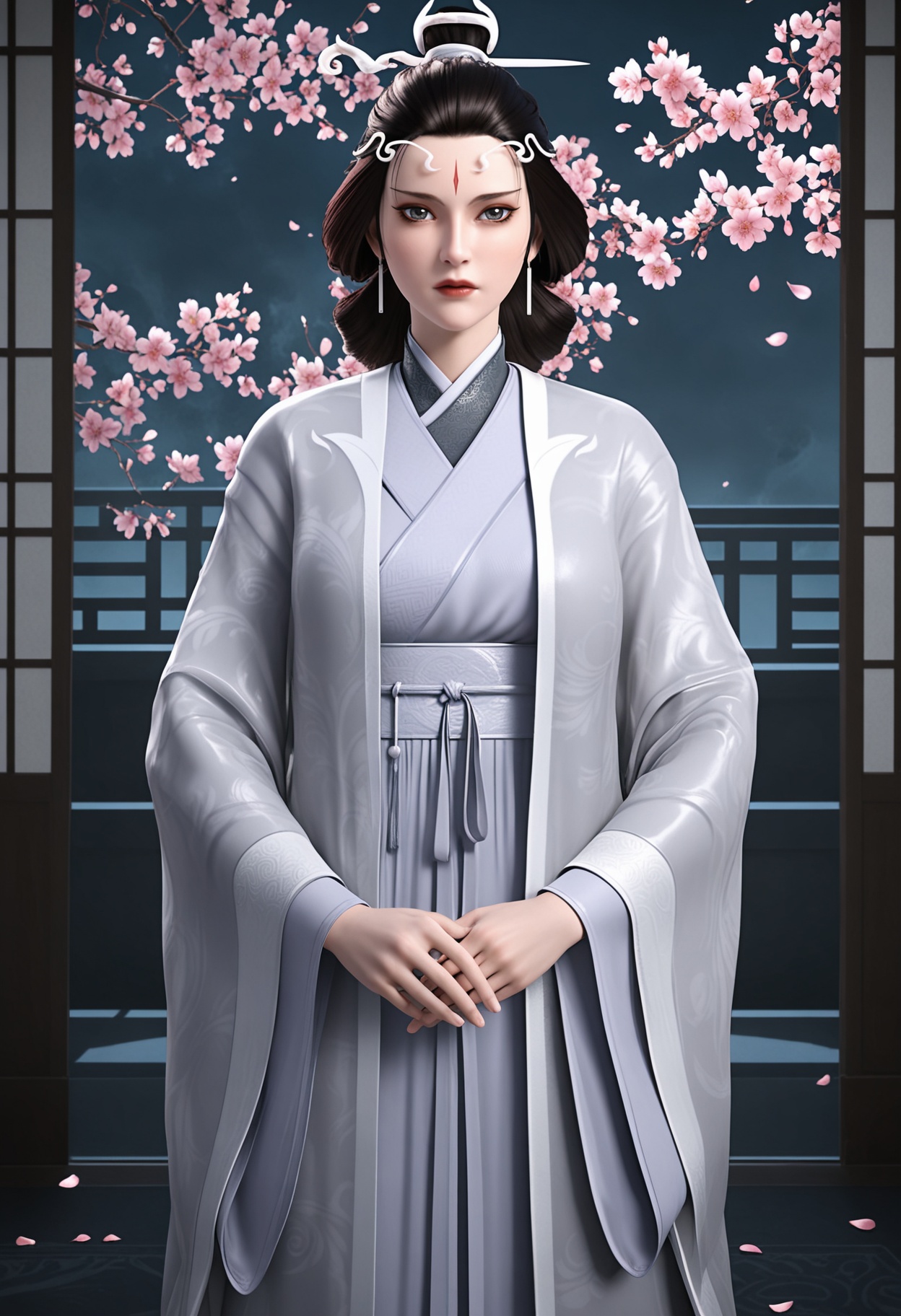 (standing full_body:1.1),(looking at viewer:1.1),masterpiece,(best quality),smog,Dark room,dim lighting,peach blossom,falling petals,<lora:YQ_Illustrious光辉v5_水月_V1:0.8>,q1528437228,solo,1girl,black hair,jewelry,earrings,chinese clothes,facial mark,hair ornament,forehead mark,hanfu,long sleeves,makeup,wide sleeves,hair bun,hair stick,long hair,red lips,updo,japanese clothes,black eyes,blue eyes,robe,brown eyes,brown hair,kimono,sash,grey eyes,korean clothes,single hair bun,