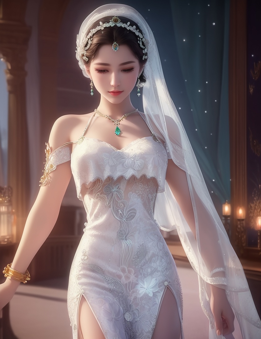ultra realistic 8k cg, picture-perfect face, flawless, clean, masterpiece, professional artwork, famous artwork, cinematic lighting, cinematic bloom, perfect face, beautiful face, fantasy, dreamlike, unreal, science fiction,  beautiful clothes, lace, lace trim, lace-trimmed legwear,  (rich:1.4), prestige, luxury, jewelry, diamond, gold, pearl, gem, sapphire, ruby, emerald, intricate detail, delicate pattern, charming, alluring, seductive, erotic, enchanting, hair ornament, necklace, earrings, bracelet, armlet,halo((,1girl, pov,))(((,  1girl,  solo,looking at viewer, ))),(((1girl, solo, dress, white_dress, jewelry)))<lora:DA_WhiteSnakeGreenSnake:0.7>
