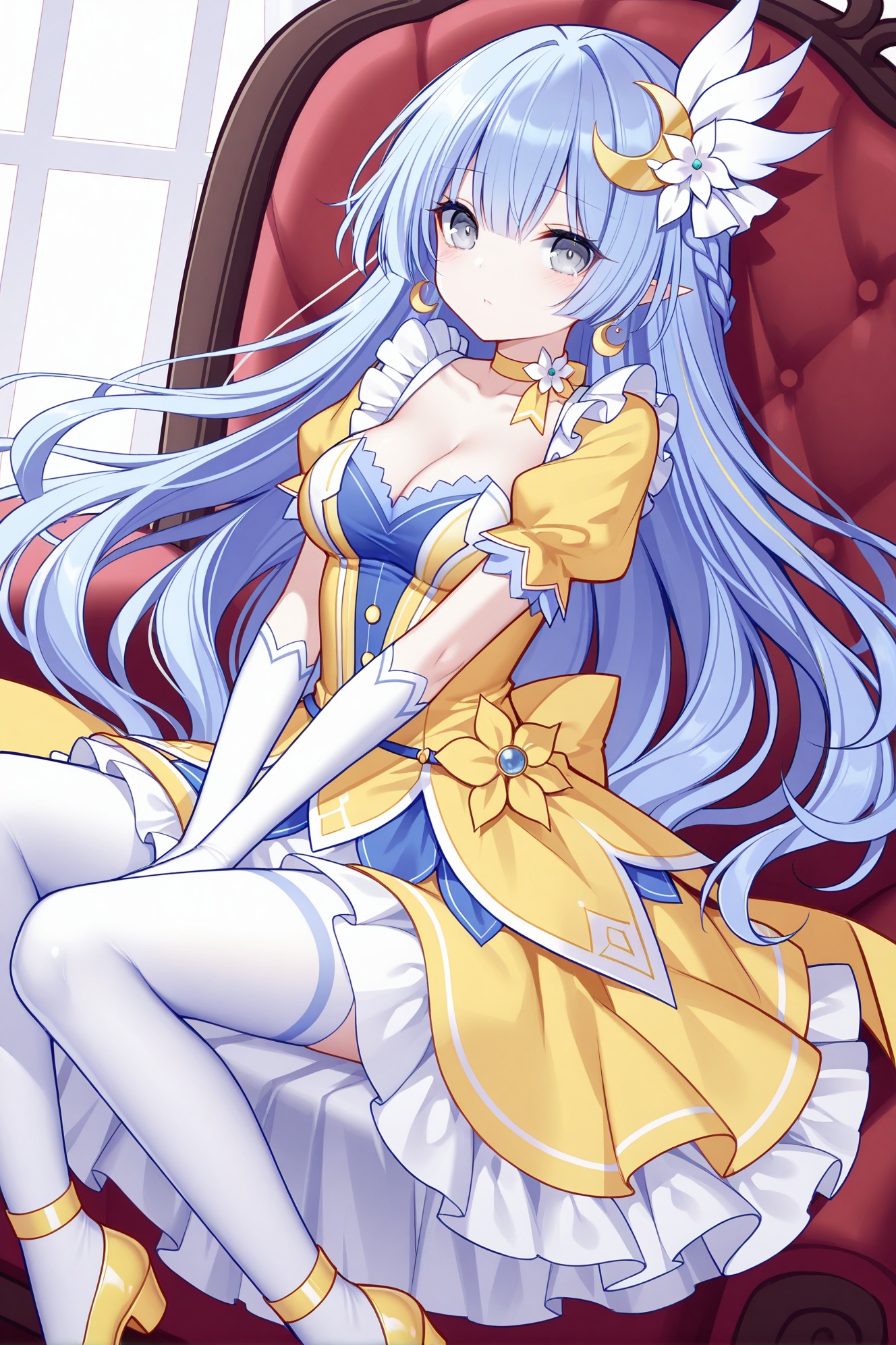 masterpiece, best quality, newest, absurdres, highres,(quan \(kurisu tina\):0.6, ),(chen bin:0.5),(rimuu:0.5),(mignon:0.5),(sheya:0.5), , izayoi miku(elf), 1girl, long hair, crescent hair ornament, hair ornament, blue hair, grey eyes, choker, elbow gloves, yellow dress, yellow footwear, puffy short sleeves,<lora:izamikuXLNAI:1>