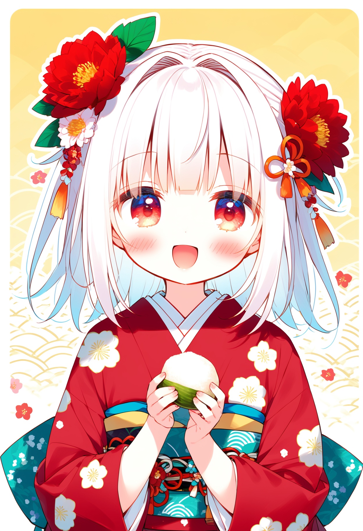 1girl,loli,solo,long hair,looking at viewer,blush,smile,open mouth,bangs,hair ornament,red eyes,long sleeves,holding,upper body,flower,white hair,:d,food,japanese clothes,hair flower,wide sleeves,blunt bangs,kimono,sash,obi,hair intakes,floral print,red flower,red kimono,print kimono,wagashi,egasumi,mochi,