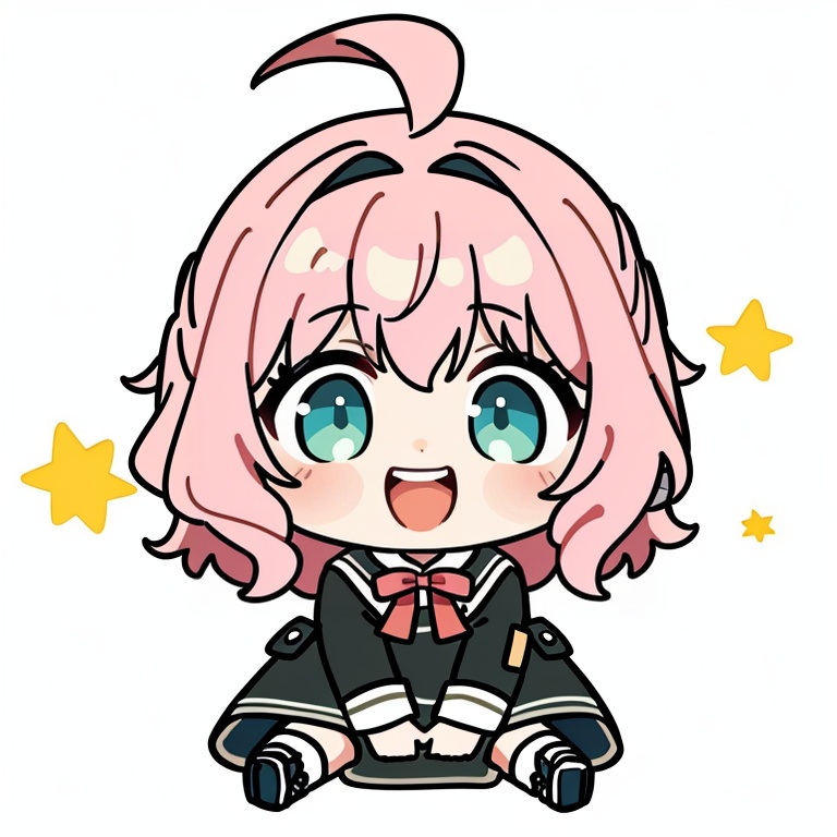 ((HRD, HUD, 8K)),((masterpiece, best quality)), highly detailed, soft light,EmojiPack, 1girl, anya (spy x family), pink hair, solo, eden academy school uniform, green eyes, school uniform, female child, chibi, dress, smile, open mouth, simple background, black footwear, black dress, ahoge, bangs, +_+, looking at viewer, white background, gold trim, medium hair, full body, hairpods, long sleeves, :d, teeth, child, shirt, <lora:20240527-1716802627504:0.8>