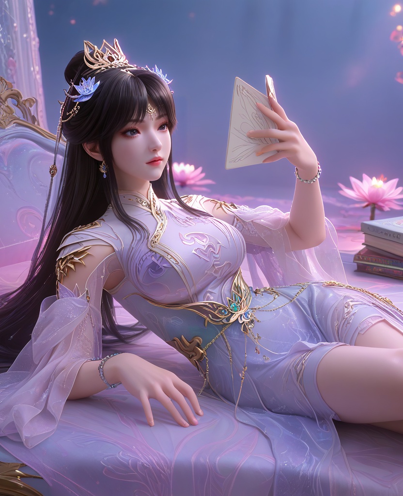 (Lying on a bed with one leg propped up, reading a letter or book,:1.1),(large breasts:1.2),<lora:XL16云深不知梦云珞璇魂体:0.95>,miss yunluoxuan,white dress,black hair,long hair,hair ornament,earrings,jewelry,hair bun,bracelet,lotus throne,, score_9,score_8_up,score_7_up,score_6_up,score_5_up,score_4_up,3d rendering,tag1,tag2, Cinematic Lighting,backlighting,