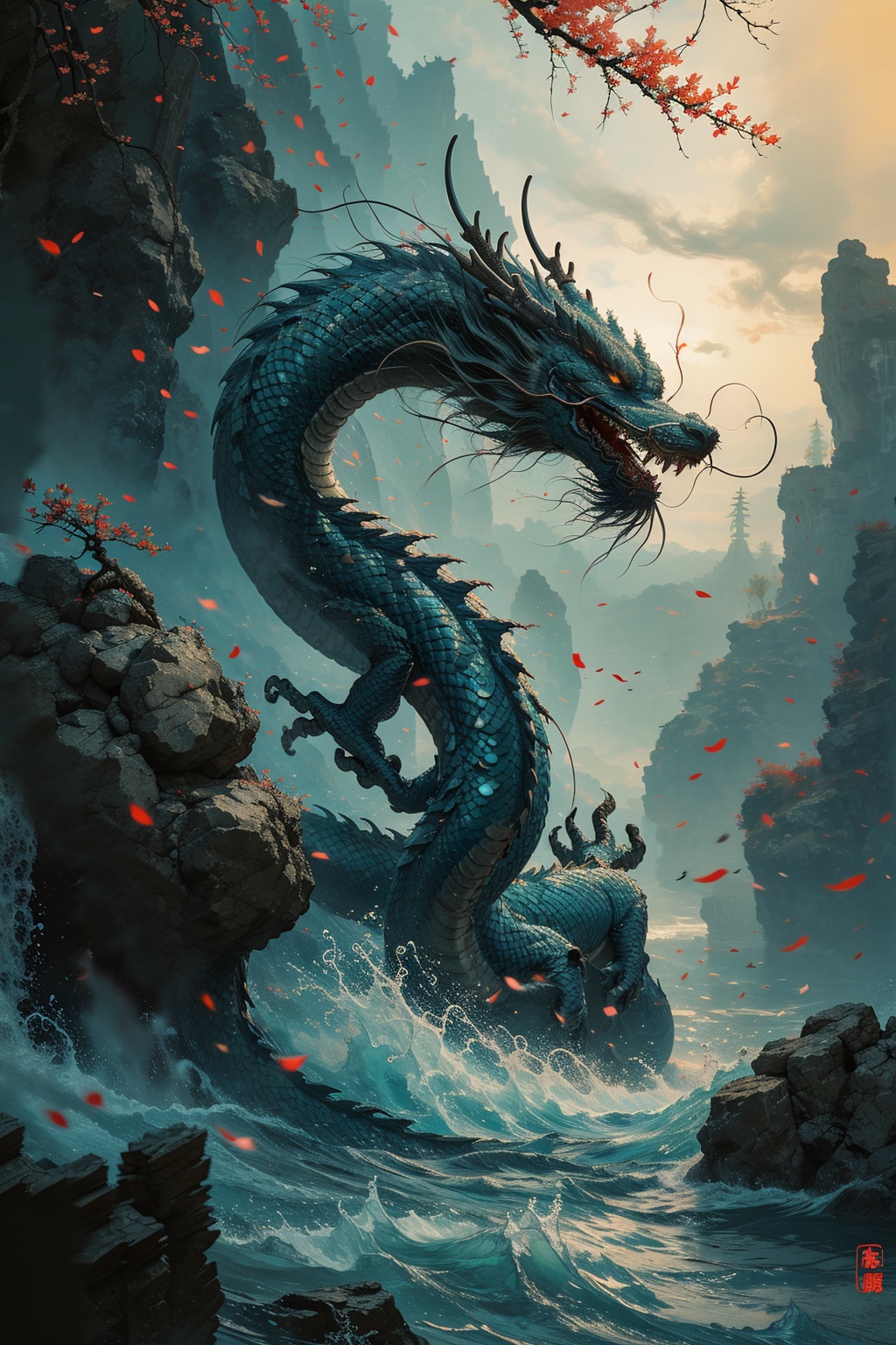 sdmai, guofenglong, dragon, eastern dragon, scenery, water, no humans, outdoors <lora:国风龙sdmai,guofenglong:0.8>