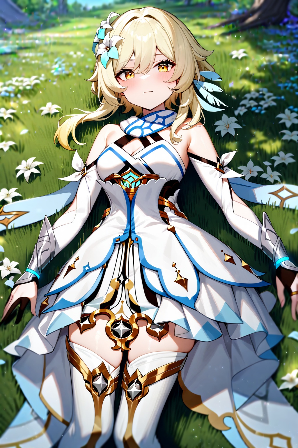 masterpiece,best quality,very aesthetic,absurdres,1girl,lumine \(genshin impact\),solo,dress,looking at viewer,detached sleeves,thigh boots,partially fingerless gloves,breasts,bare shoulders,white footwear,scarf,neck ruff,blonde hair,<lora:lumine-000006:1>,nature,lying,yellow eyes,on back,