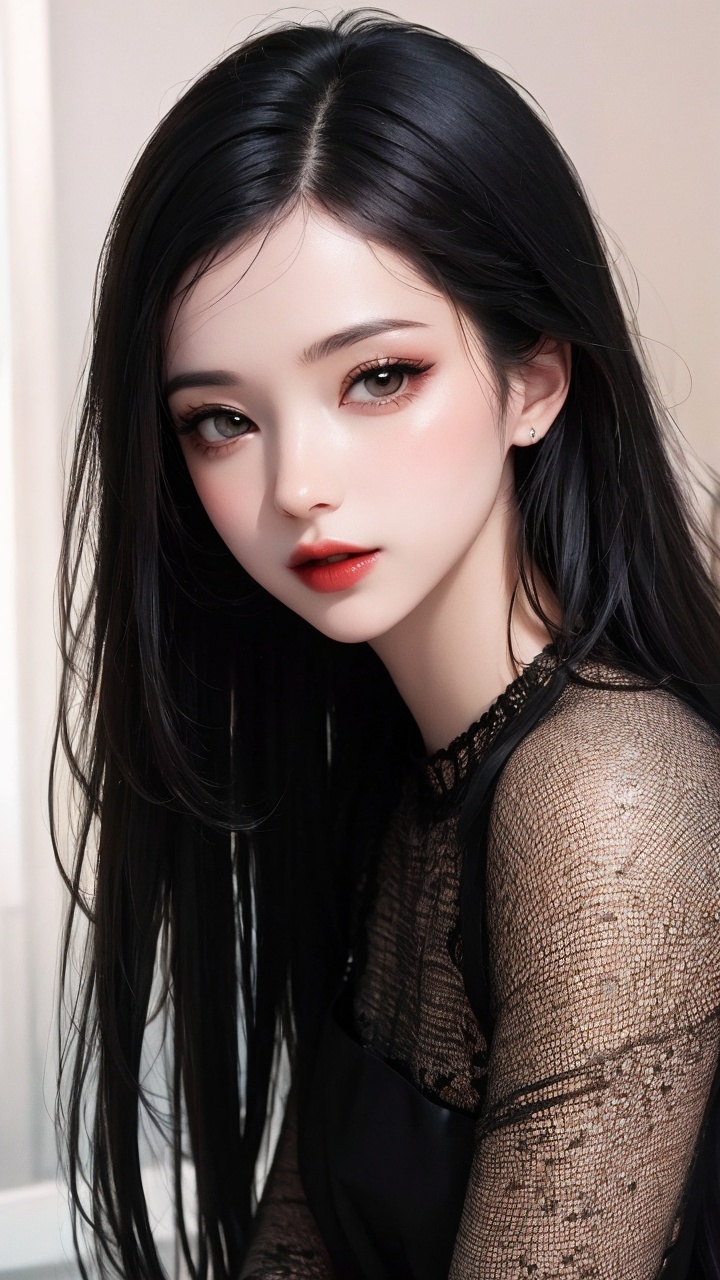 multiple_girls, 2girls, sitting, realistic, black_hair, dress, makeup, lipstick, letterboxed, hair_ornament, looking_at_viewer, long_hair, see-through, lips