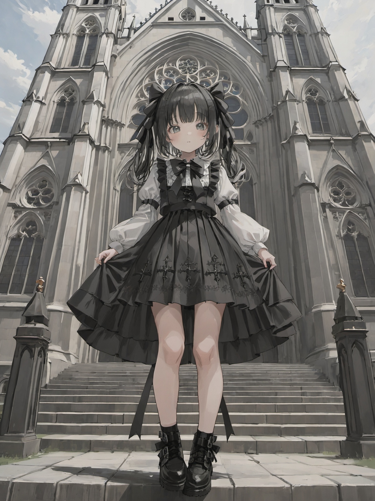 loli in front of a cathedral,gothic,black footwear,hair ribbon,yishi style,<lora:yishi_style_v7:0.7>,<lora:add-detail-xl:1>,