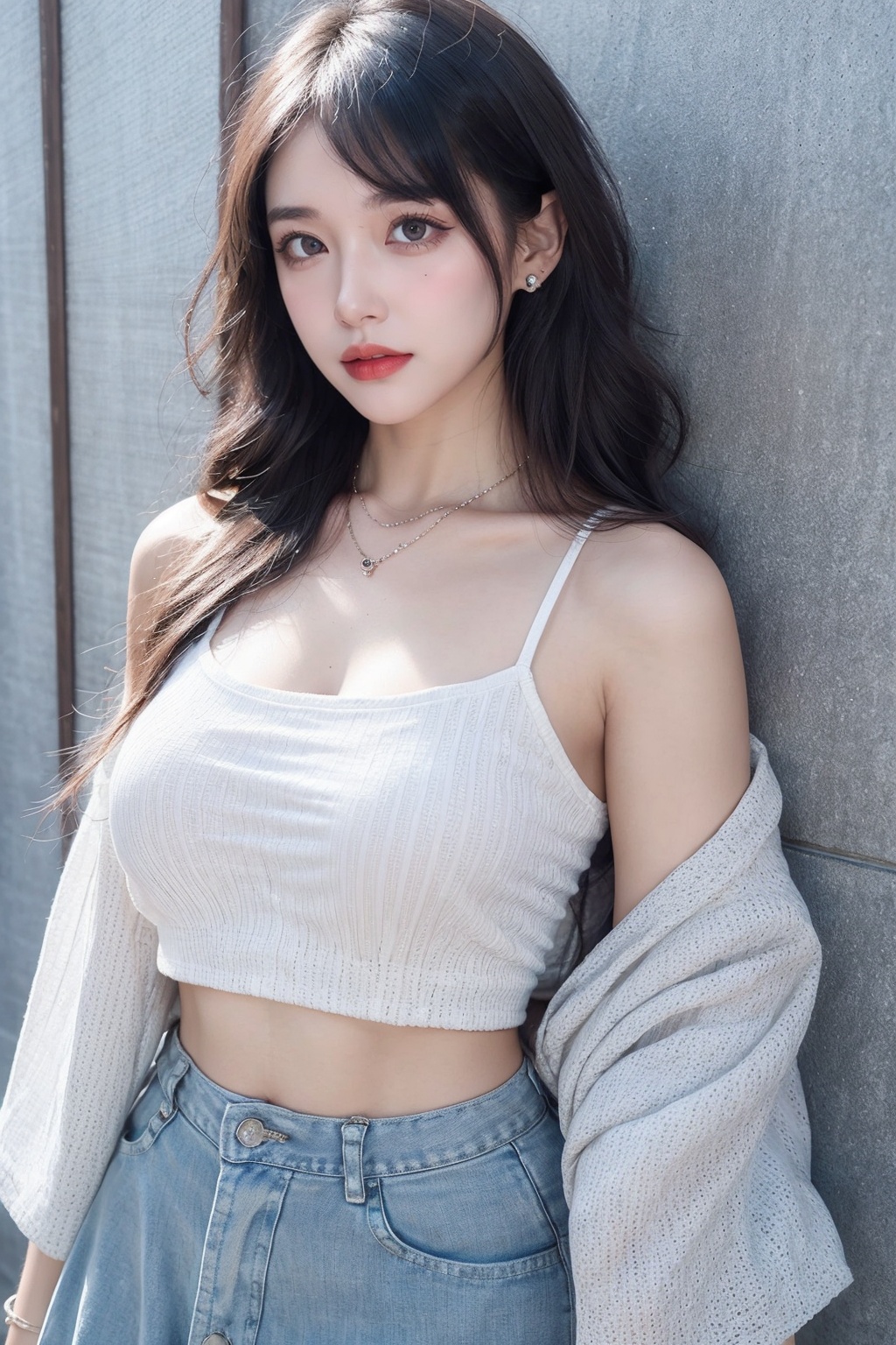 1girl, bangle, bare shoulders, bracelet, breasts, cleavage, collarbone, crop top, ear piercing, earrings, grey eyes, jewelry, long hair, looking at viewer, medium breasts, midriff, necklace, off-shoulder shirt, off shoulder, piercing, shirt, skirt, solo, white hair <lora:女:0.66>