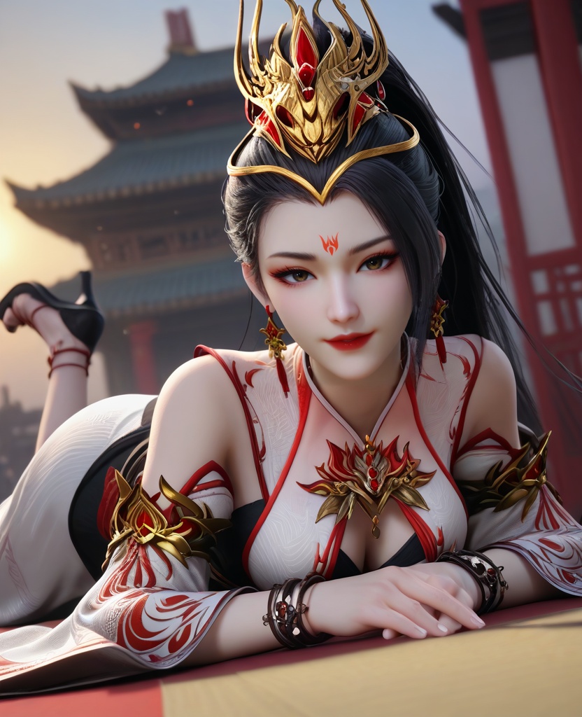 (oriental architecture, elegant decor, sophisticated style:1.1),(Lying down on stomach with head propped up on hands,:1.1),Seductive, A sultry gaze, a slightly parted lips, and a hint of a smile,(breasts:1.2),<lora:XL16师兄啊师兄玖酒:0.95>,miss jiujiu,white dress,forehead mark,black hair,ponytail,long hair,hair ornament,jewelry,earrings,black slip dress,black high-heeled sandals,red lips,, score_9,score_8_up,score_7_up,score_6_up,score_5_up,score_4_up,3d rendering,tag1,tag2, Cinematic Lighting,backlighting,