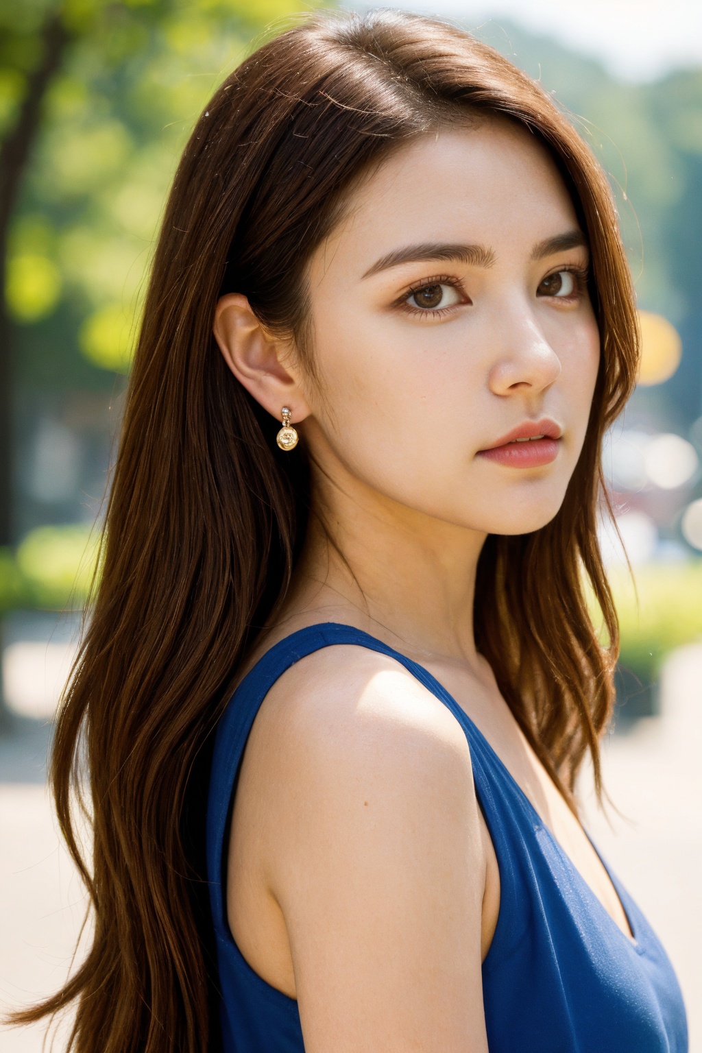 1girl, jewelry, solo, earrings, realistic, long hair, looking at viewer, blurry background, blurry, outdoors, brown hair, lips, photorealistic, upper body, day, from side, sleeveless,