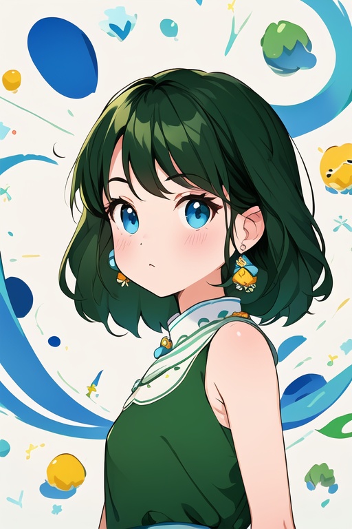 one portrait of a girl ,delicate face,upper body,in a green dress, freehand sketching,in the style of cartoonish innocence, white and blue, walt kelly, kawaii aesthetic, george lucas, minimalistic drawings, e. h. shepar,(masterpiece, top quality, best quality, official art, beautiful and aesthetic:1.2),smwl