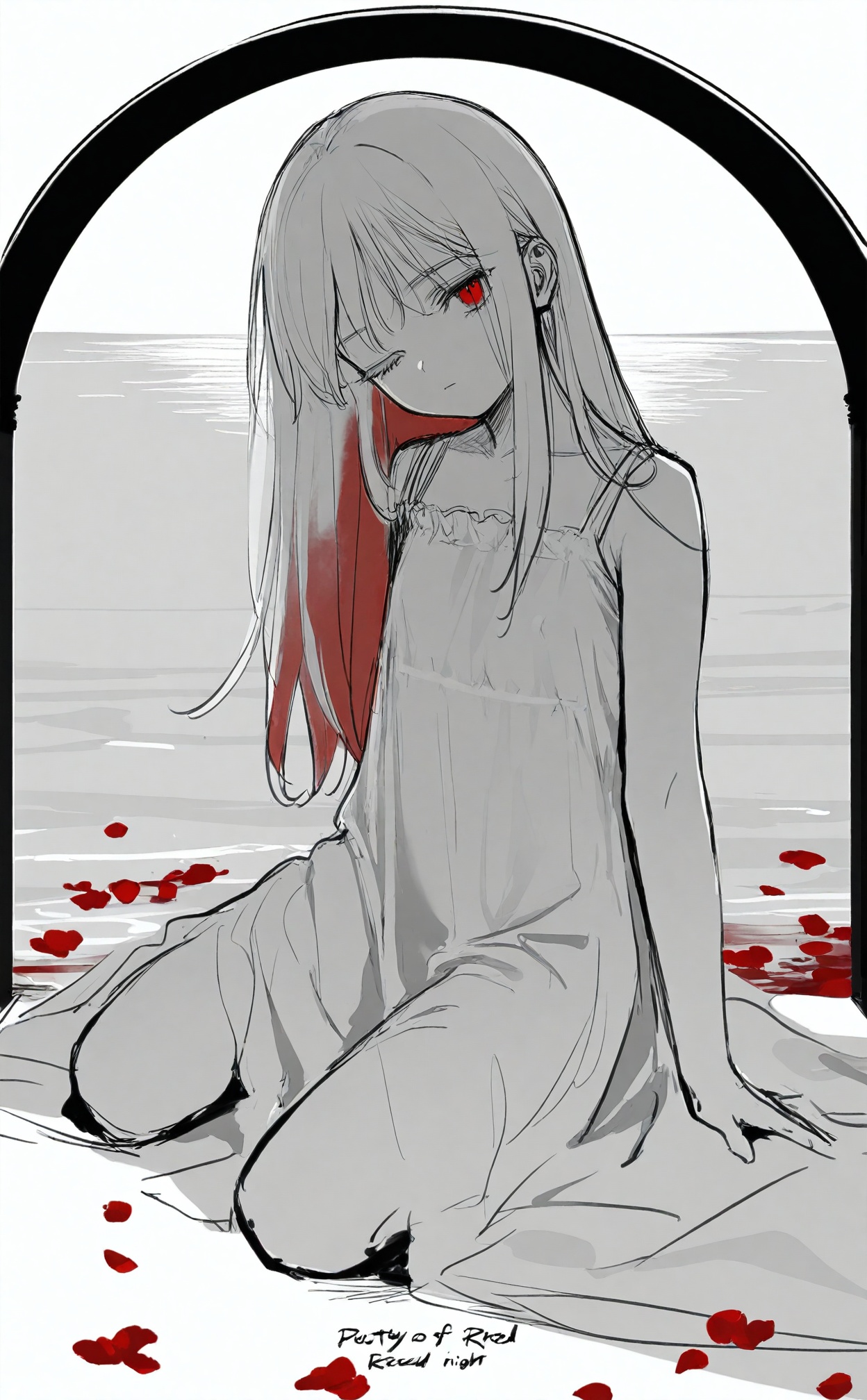 masterpiece,best quality,high quality,loli,1girl,red eyes,white long translucent night gown,expressionless,(white hair),hair cover one eye,long hair,red hair flower,kneeling on lake,blood,(plenty of red petals:1.35),(white background:1.5),(English text),greyscale,monochrome,greyscale,monochrome,sketch,