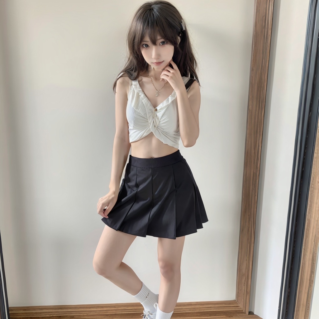 1girl,solo,collarbone,navel,long legs,skirt,socks,<lora:luoli:0.8>,