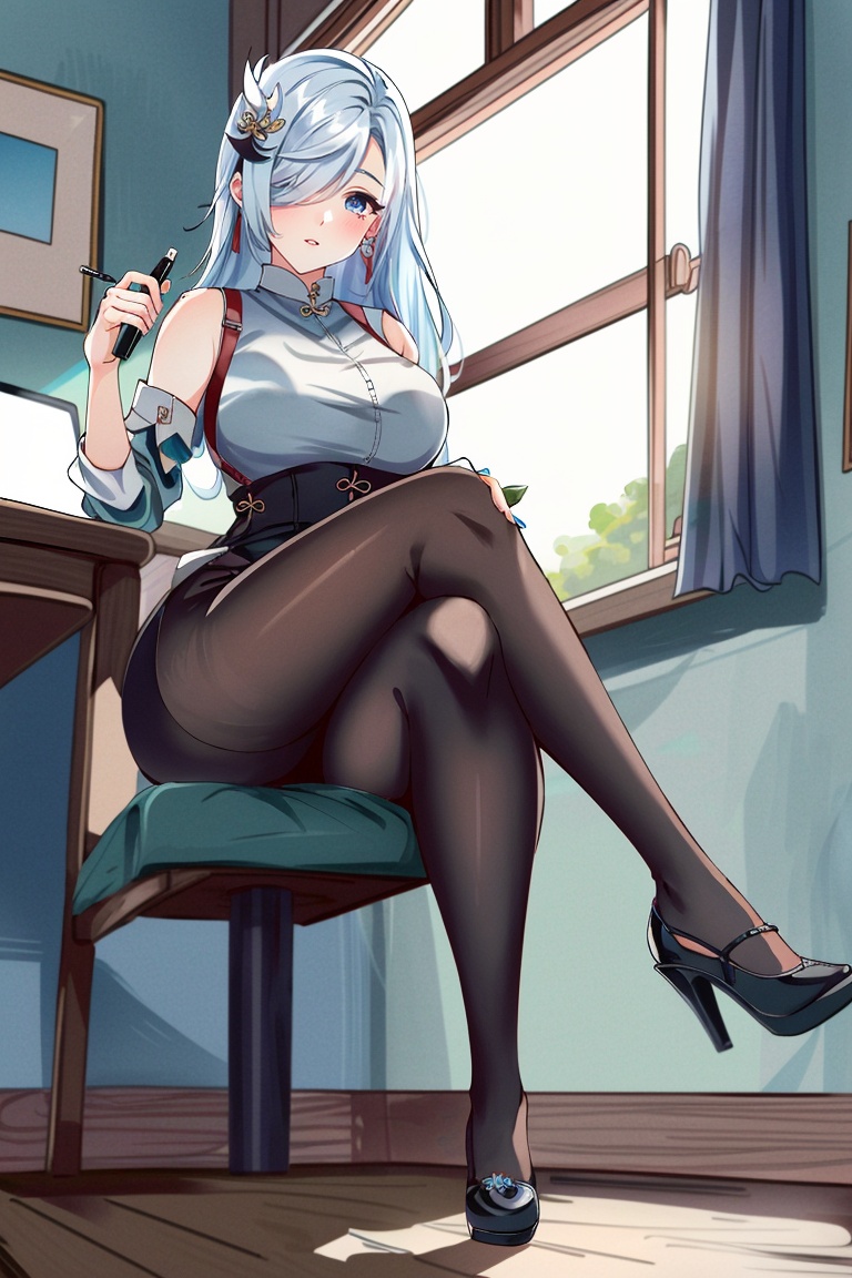 ((HRD, HUD, 8K)),((masterpiece, best quality)), highly detailed, soft light,1girl, shenhe (genshin impact), pantyhose, solo, hair over one eye, blue eyes, skirt, blue shirt, shirt, black footwear, high heels, long hair, breasts, looking at viewer, hair ornament, sleeveless, large breasts, office lady, bangs, feet, bare shoulders, white hair, office chair, blue nails, sleeveless shirt, pencil skirt, black pantyhose, parted lips, thighs, shoes, pen, holding, nail polish, toes, sitting, bare arms, blinds, blush, alternate costume, indoors, no shoes, legs, high-waist skirt, window, collared shirt, office, contemporary,  <lora:20240630-1719732786968:0.75>