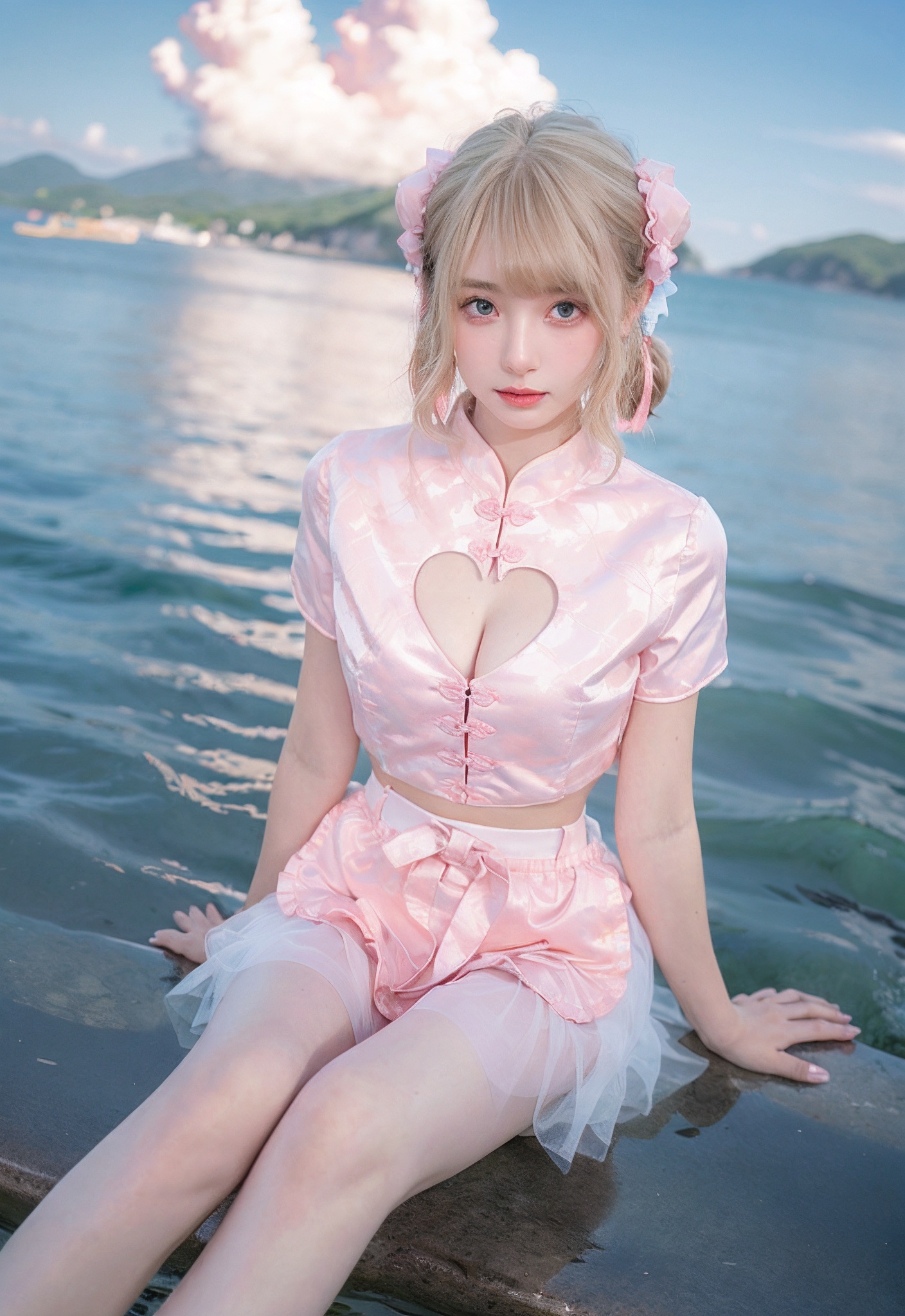zh,1girl,solo,breasts,looking at viewer,bangs,blue eyes,skirt,blonde hair,shirt,ribbon,cleavage,brown eyes,short sleeves,frills,midriff,medium hair,hair bun,lips,see-through,clothing cutout,double bun,chinese clothes,cleavage cutout,white skirt,pink shirt,realistic,bun cover,(facing_viewer:1.2),(full body:1.1),(both feet:1.2),heart cutout,(over the sea,ocean:1.2),(blue sky,clouds),,<lora:zh:0.7>