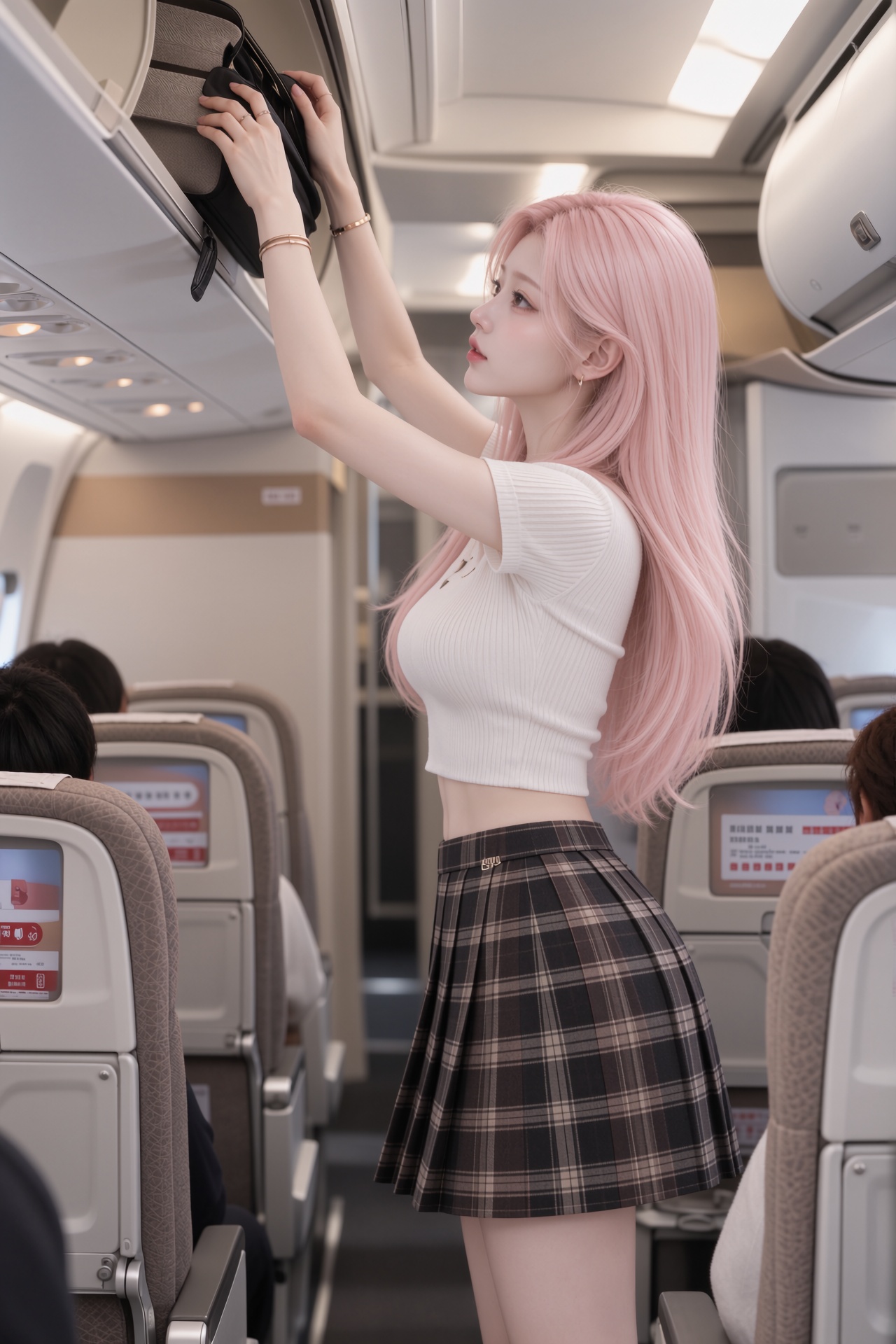 A high-angle,  medium shot captures a young pretty pink hair Ziny,  A woman stands sideways in the aisle of an aircraft ca...