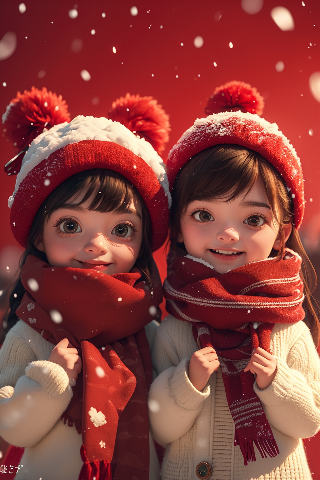 2girls,scarf,red_background,upper body,snow,<lora:麻袋2024-015:0.7>,, masterpiece,best quality,ultra-detailed,