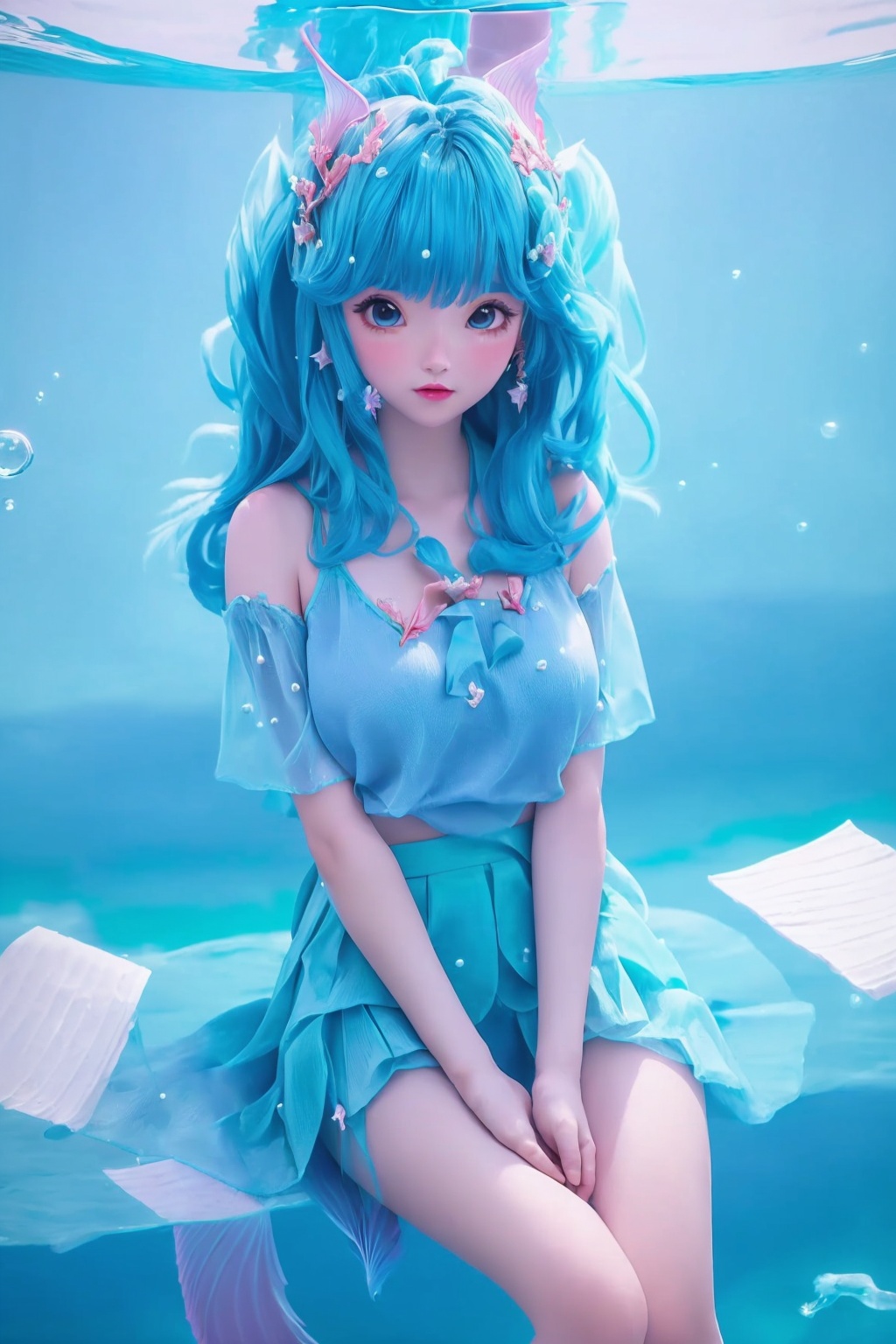 (1girl),smooth chin,masterpiece,detailed face,((hair ornament)),top quality,4k,make up,best quality,alone,single,solo,only one,one character,blush,(body blush),(detached sleeves),earrings,(blue hair),under water,(head fins),long hair,(from below),ocean,(puffy hair:1.13),head wings,frilled skirt,frilled clothes,model,looking at viewer,Cute Women,frilled shirt,bubble skirt,green skirt,full body,(detached shirt),bandeau,blue skirt,(Prayer with both hands),Masterpiece, the best quality,(The best hand)