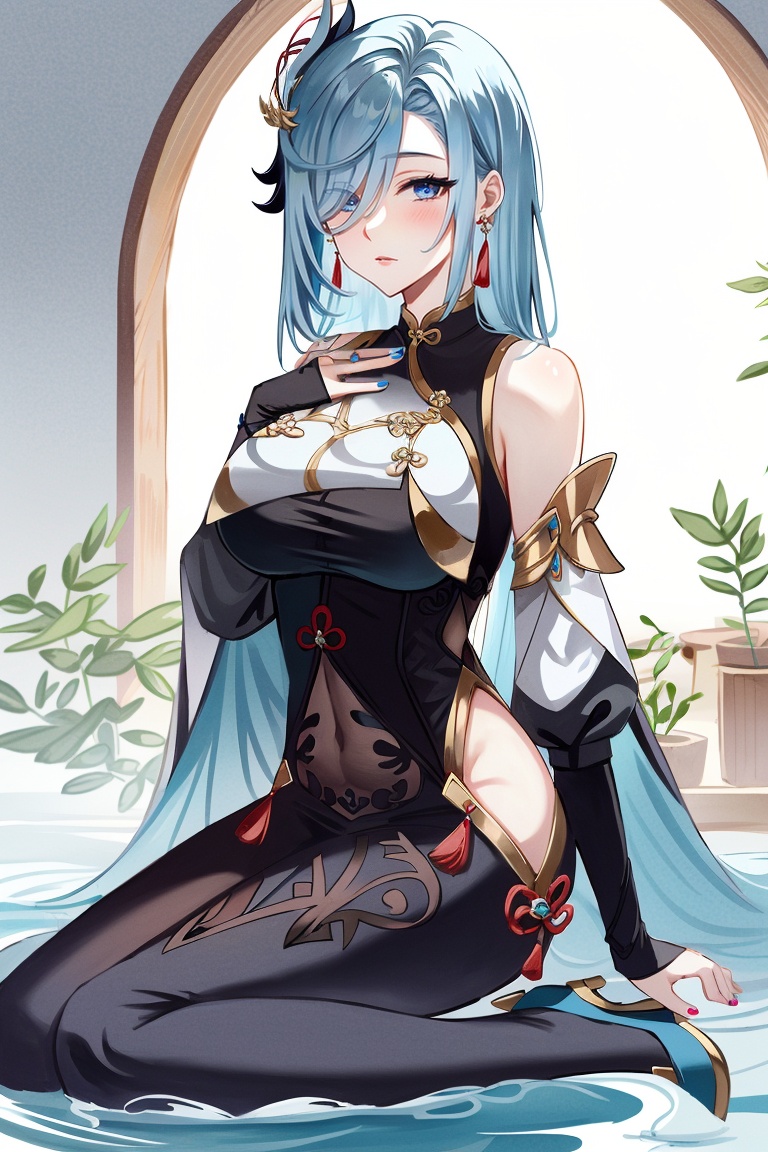 ((HRD, HUD, 8K)),((masterpiece, best quality)), highly detailed, soft light,ShenHe, 1girl, breasts, shenhe (genshin impact), solo, hair over one eye, long hair, large breasts, hair ornament, dress, looking at viewer, wariza, water, sitting, cleavage, clothing cutout, bare shoulders, black dress, blue eyes, nail polish, leaf, blue nails, detached sleeves, long sleeves, blue hair, hand on own chest, thighs, bangs, closed mouth, tassel, cleavage cutout, chinese clothes, gold trim, very long hair,  <lora:20240630-1719732786968:0.75>