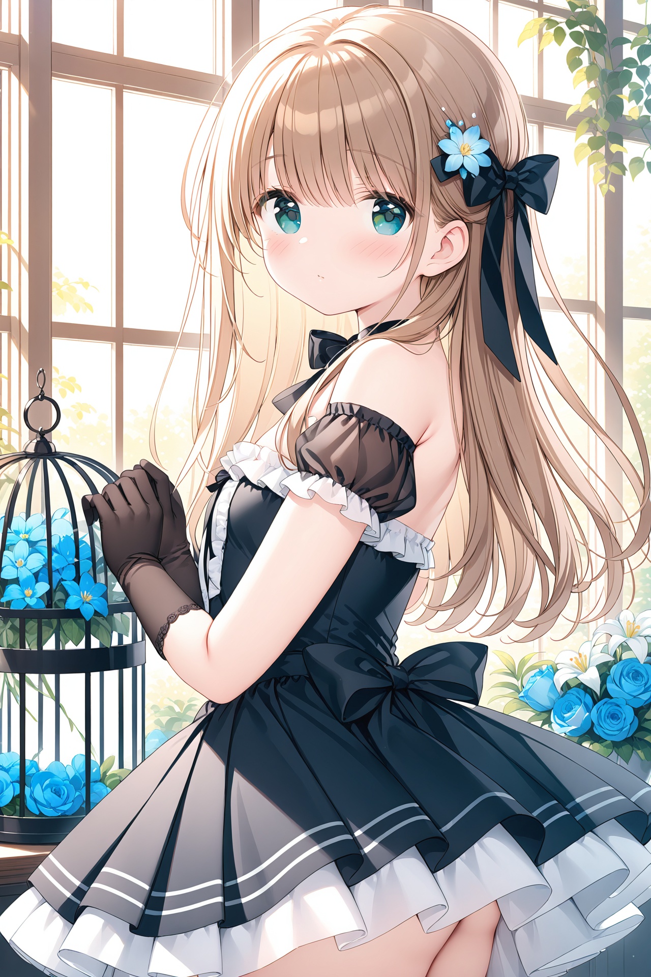 masterpiece,best quality,1girl, solo, gloves, dress, long hair, flower, black gloves, blush, window, looking to the side, looking at viewer, bare shoulders, black dress, brown hair, birdcage, detached sleeves, closed mouth, blue flower, cage, bow, blue eyes, indoors, puffy sleeves, from side, hair bow, white flower, puffy short sleeves, short sleeves, breasts, plant, strapless, strapless dress, black bow, hands up, small breasts, pleated dress, green eyes, frills